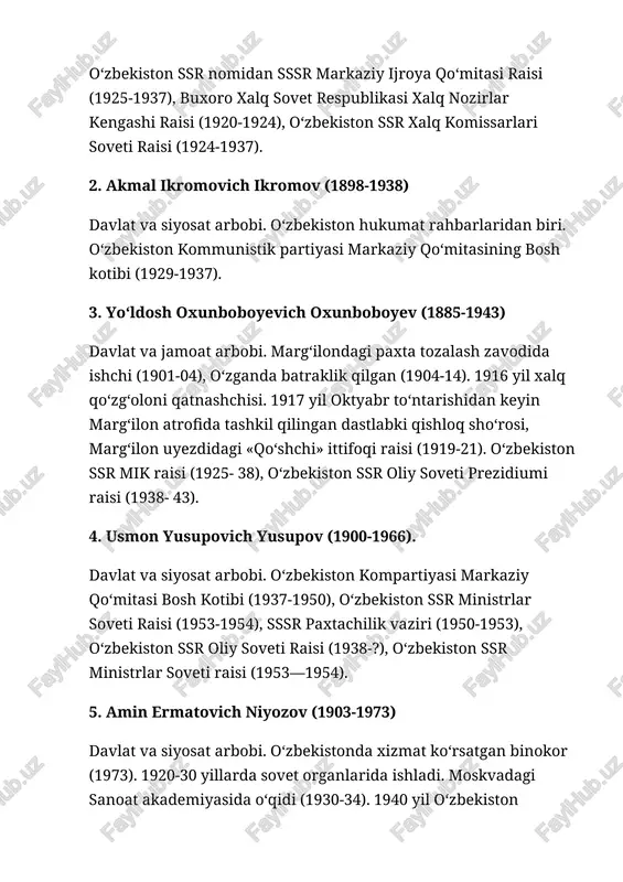 adi. moskvadagi sanoat akademiyasida o‘qidi (1930-34). 1940 yil o‘zbekiston kommunistlar partiyasi markaziy kengashining qurilish bo‘limi mudiri. 1940-46 yillarda respublika moliya xalq komissari, 1946-47 yillarda o‘zbekiston ministrlar soveti raisi o‘rinbosari. 1947-50 yillarda o‘zbekiston oliy soveti prezidiumi raisi, 1950-55 yillarda o‘zbekiston kommunistlar partiyasi markaziy kengashining ii kotibi. o‘zbekiston kommunal xo‘jalik ministri, ministrlar soveti gaz va kommunal xo‘jalik bosh boshqarmasining boshlig‘i (1956-60). 6. nuriddin akromovich muhitdinov (1917-2008) davlat va siyosat arbobi, diplomat. moskvadagi savdo-kooperativ institutini tugatib (1938), turli lavozimlarda ishladi. 2-jahon urushi qatnashchisi. 1946-yildan uning siyosiy faoliyati boshlandi. namangan viloyat partiya qo‘mitasi kotibi va 1-kotibi (1947-50), o‘zbekiston kompartiyasi mk kotibi (1950-51), o‘zbekiston ssr ministrlar soveti raisi (1951-53, 1954-55), o‘zbekiston tashqi ishlar vaziri (1953-54), o‘zbekiston kompartiyasi mk 1-kotibi (1955-57), kpss mk kotibi (1957-61). kpss mk prezidiumi a'zoligiga nomzod (1956-57), a'zo (1957-61). sssr ministrlar soveti xorijiy mamlakatlar bilan madaniy aloqalar komiteti raisining 1-o‘rinbosari (1966-68), sssrning suriyadagi elchisi (1968-77), sssr savdo-sanoat palatasi raisining o‘rinbosari (1977-85), o‘zbekiston …