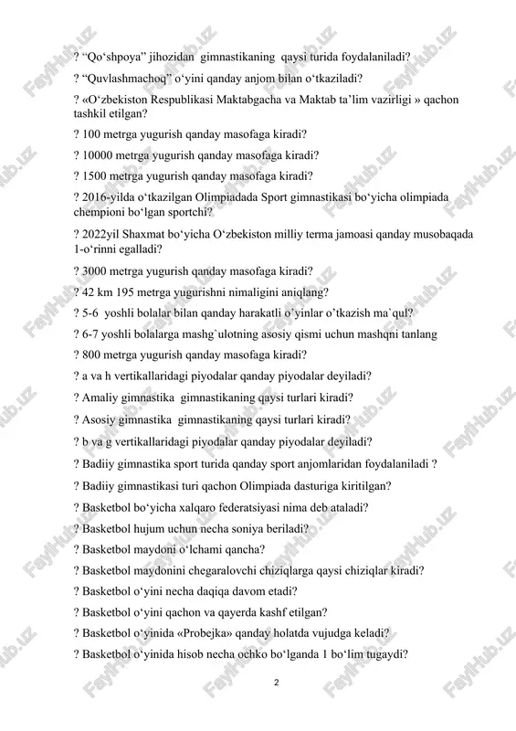 limpiadada sport gimnastikasi bo‘yicha olimpiada chempioni bo‘lgan sportchi? ? 2022yil shaxmat bo‘yicha o‘zbekiston milliy terma jamoasi qanday musobaqada 1-o‘rinni egalladi? ? 3000 metrga yugurish qanday masofaga kiradi? ? 42 km 195 metrga yugurishni nimaligini aniqlang? ? 5-6 yoshli bolalar bilan qanday harakatli o’yinlar o’tkazish ma`qul? ? 6-7 yoshli bolalarga mashg`ulotning asosiy qismi uchun mashqni tanlang ? 800 metrga yugurish qanday masofaga kiradi? ? a va h vertikallaridagi piyodalar qanday piyodalar deyiladi? ? amaliy gimnastika gimnastikaning qaysi turlari kiradi? ? asosiy gimnastika gimnastikaning qaysi turlari kiradi? ? b va g vertikallaridagi piyodalar qanday piyodalar deyiladi? ? badiiy gimnastika sport turida qanday sport anjomlaridan foydalaniladi ? ? badiiy gimnastikasi turi qachon olimpiada dasturiga kiritilgan? ? basketbol bo‘yicha xalqaro federatsiyasi nima deb ataladi? ? basketbol hujum uchun necha soniya beriladi? ? basketbol maydoni o‘lchami qancha? ? basketbol maydonini chegaralovchi chiziqlarga qaysi chiziqlar kiradi? ? basketbol o‘yini necha daqiqa davom etadi? ? basketbol o‘yini …