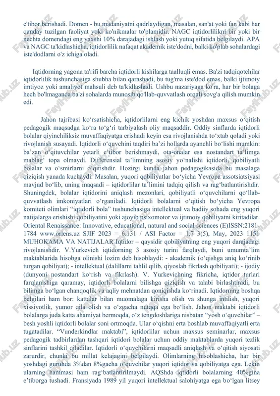 r iqtidorlilik tushunchasiga shubha bilan qarashadi, bu tug'ma iste'dod emas, balki ijtimoiy imtiyoz yoki amaliyot mahsuli deb ta'kidlashadi. ushbu nazariyaga ko'ra, har bir bolaga hech bo'lmaganda ba'zi sohalarda munosib qo'llab-quvvatlash orqali sovg'a qilish mumkin edi. jahon tajribasi ko‘rsatishicha, iqtidorlilarni eng kichik yoshdan maxsus o‘qitish pedagogik maqsadga ko‘ra to‘g‘ri tarbiyalash oliy maqsaddir. oddiy sinflarda iqtidorli bolalar qiyinchiliksiz muvaffaqiyatga erishadi keyin esa rivojlanishda to‘xtab qoladi yoki rivojlanish susayadi. iqtidorli o‘quvchini taqdiri ba’zi hollarda ayanchli bo‘lishi mumkin: ba’zan o‘qituvchilar yetarli e’tibor berishmaydi, ota-onalar esa nostandart ta’limga mablag‘ topa olmaydi. differensial ta’limning asosiy yo‘nalishi iqtidorli, qobiliyatli bolalar va o‘smirlarni o‘qitishdir. hozirgi kunda jahon pedagogikasida bu masalaga qiziqish yanada kuchaydi. masalan, yuqori qobiliyatlar bo‘yicha yevropa assotsiatsiyasi mavjud bo‘lib, uning maqsadi – iqtidorlilar ta’limini tadqiq qilish va rag‘batlantirishdir. shuningdek, bolalar iqtidorini aniqlash mezonlari, qobiliyatli o‘quvchilarni qo‘llab-quvvatlash imkoniyatlari o‘rganiladi. iqtidorli bolalarni o‘qitish bo‘yicha yevropa komiteti olimlari “iqtidorli bola” tushunchasiga intellektual va badiiy sohada eng yuqori natijalarga erishishi …