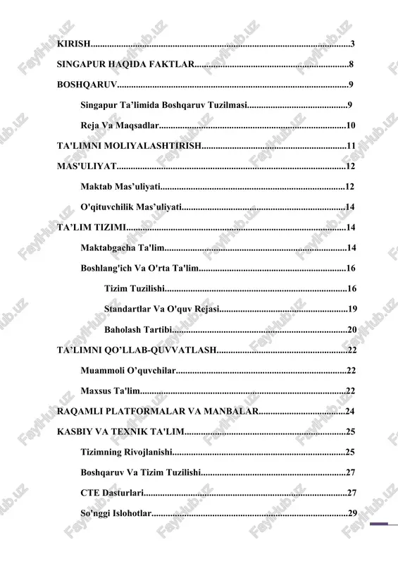 25 tizimning rivojlanishi..........................................................................25 boshqaruv va tizim tuzilishi..............................................................27 cte dasturlari.......................................................................................27 so'nggi islohotlar....................................................................................29 o'qituvchilar va direktorlar.....................................................29 o'qituvchilarni ishga qabul qilish.......................................................29 o'qituvchilik faoliyatini boshlash........................................................30 o'qituvchilik faoliyatida o’sish............................................................32 kasbiy rivojlanish..................................................................................34 direktorlarni ishga tayinlash, tayyorlash va malaka oshirish....................................................................................................35 foydalanilgan adabiyotlar..........................................................37 kirish singapur o’zining ajoyib muvaffaqiyat tarixiga ega mamlakat hisoblanadi. 1965-yilda mustaqil respublika boʻlganidan bugungi kunga qadar u tabiiy resurslarga ega boʻlmagan, aholisi asosan savodsiz boʻlgan qashshoq oroldan 5,8 million kishilik, turmush darajasi eng rivojlangan sanoati rivojlangan davlatlarnikiga mos keladigan mamlakatga aylandi . singapurni bu yutuq sari yetaklagan bosh vazir li kuan yu boshidanoq o‘zining ulkan iqtisodiy maqsadlarini amalga oshirish uchun bilimli ishchi kuchi muhim bo‘lishini tushunib yetdi. 2009 yilda singapur birinchi marta pisa – o’quvchilarni xalqaro baholash dasturida ishtirok etganida, bosh vazir lining sa'y-harakatlari natijalari allaqachon ayon bo'lgan edi. o'sha yili 15 yoshli singapurliklar uchala fan yo’nalishi bo'yicha eng yuqori natija ko’rsatgan davlatlar qatorida edi. oecd (2010), pisa 2009 results: executive summ
