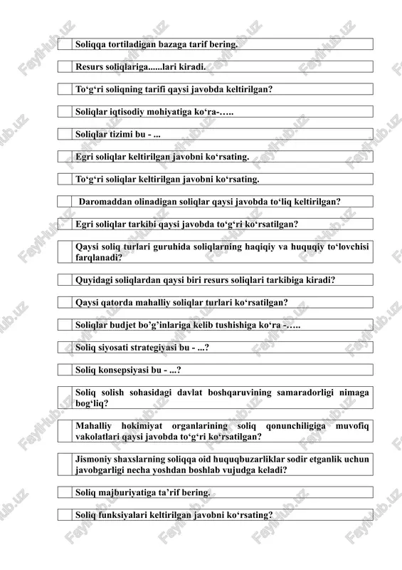 anlik uchun javobgarligi necha yoshdan boshlab vujudga keladi? soliq majburiyatiga ta’rif bering. soliq funksiyalari keltirilgan javobni ko‘rsating? soliq xizmati organlarining quyi bo‘g‘inini ko‘rsating? jismoniy shaxslar daromad solig‘ida soliq summasini davlat byudjetiga o‘tkazib beruvchi shaxsni ko‘rsating? jismoniy shaxslardan olinadigan daromad solig’ini hisoblash ma’suliyati kimga yuklatilgan? jismoniy shaxslarning daromadiga solinadigan soliqni to‘lovchilari kimlar? jismoniy shaxsning quyida keltirilgan qaysi daromadlari daromad solig‘idan ozod qilingan? 2022 yil uchun jismoniy shaxslardan olinadigan daromad solig’ining stavkasi necha foiz? jismoniy shaxslarning qanday daromadlari soliq solish obyekti hisoblanadi? quyidagi qaysi to’lovlar rag’batlantirish xususiyatiga ega to’lovlar jumlasiga kiradi? soliq xabarnomalarini tayyorlash va tarqatish ishlari kimning zimmasiga yuklatilgan? qaysi javobda jismoniy shaxslardan olinadigan mol-mulk solig’ining soliq solinadigan obyekti to’g’ri keltirilgan? qaysi javobda jismoniy shaxslardan olinadigan mol-mulk solig’ining soliq solinadigan bazasi to’g’ri ko’rsatilgan? jismoniy shaxslarning mol-mulkiga solinadigan soliq .....tomonidan hisoblab chiqariladi. jismoniy shaxslardan olinadigan yer solig‘ining to‘lovchilari bo‘lib kimlar hisoblanadi? ko’p kvartirali uylar egallagan yer uchastkalari jismoniy shaxslardan olinadigan yer solig‘ini …