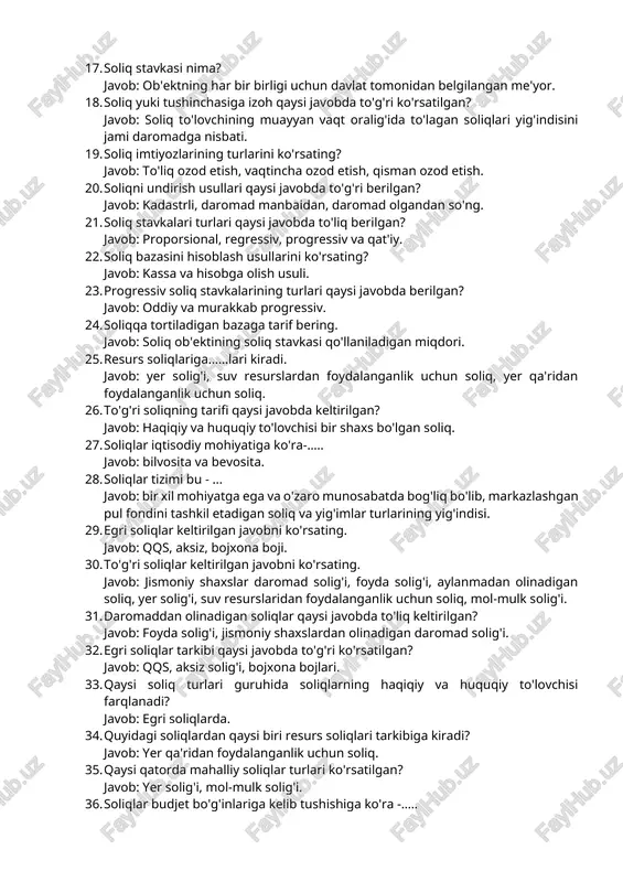 taqdim etish tartibi, to'lash tartibi. 13. soliq sub'eki bu – javob: soliq to'lash majburiyati yuklatilgan yuridik va jismoniy shaxslar. 14. soliq ob'ekti qaysi javobda to'g'ri keltirilgan? javob: soliq to'lovchining soliq hisoblanadigan daromadi, oboroti va mol-mulki. 15. soliq agenti qaysi javobda to'g'ri ko'rsatilgan? javob: yuridik va jismoniy shaxslardan soliqning ushlab va davlat byudjetiga o'tkazib beruvchi shaxslar. 16. soliq bazasi deganda – javob: soliq ob'ektining soliq stavkasi qo'llaniladigan miqdori tushuniladi. 17. soliq stavkasi nima? javob: ob'ektning har bir birligi uchun davlat tomonidan belgilangan me'yor. 18. soliq yuki tushinchasiga izoh qaysi javobda to'g'ri ko'rsatilgan? javob: soliq to'lovchining muayyan vaqt oralig'ida to'lagan soliqlari yig'indisini jami daromadga nisbati. 19. soliq imtiyozlarining turlarini ko'rsating? javob: to'liq ozod etish, vaqtincha ozod etish, qisman ozod etish. 20. soliqni undirish usullari qaysi javobda to'g'ri berilgan? javob: kadastrli, daromad manbaidan, daromad olgandan so'ng. 21. soliq stavkalari turlari qaysi javobda to'liq berilgan? javob: proporsional, regressiv, progressiv va qat'iy. 22. soliq bazasini …
