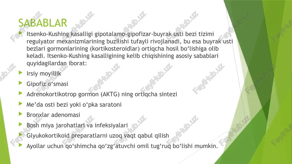 i olib tashlash) xavf itsenko-kushing kasalligini o‘z vaqtida davolamaslik septik infeksiyalar va buyrak yetishmovchiligi kabi jiddiy asoratlarga olib kelishi mumkin, bu esa oxir-oqibat o‘limga olib kelishi mumkin. oldini olish itsenko-kushing kasalligining oldini olish uchun bemorlarga quyidagilar tavsiya etiladi: har yili turk egarining rentgenografik tekshiruvini o‘tkazish qondagi adrenokortikotrop gormon (aktg) miqdorini nazorat qilish gipofiz yoki buyrak usti bezlari olib tashlangan hollarda gormonlar miqdorini me’yorida ushlab turish uchun doimo steroid preparatlar qabul qilish kerak image1.jpeg image2.jpeg image3.jpeg