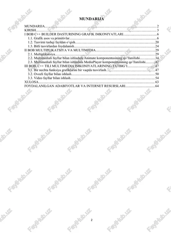 turali dasturlashning mohiyati – dasturni o’zaro bog’langan protseduralar (bloklar) va ular qayta ishlaydigan berilganlarning majmuasi deb qarashidir. ushbu model dastur bloklarini keng qo’llashga, goto operatoridan imkon qadar kam foydalanishga tayangan va unda dastur tuzuvchi o’n ming qatordan ortiq buyruqlardan iborat dasturni yarata oladi. yaratilgan dasturni protsedurali modelga nisbatan sozlash va nazorat qilish oson kechadi. bularga qaramasdan yangi murakkab masalalarning paydo bo’lishi dasturlashdagi yangi yondashuvning paydo bo’lishiga olib keldi. ya’ni murakkab masalalarni yechish uchun dasturlashning yangi uslubiga zarurat paydo bo’lib, u oyd modelida amalga oshirildi. ushbu ishda esa oyd ning imkoniyatlaridan foydalanib grafika va multimedia bilan ishlash jarayonini qarab chiqamiz. bugungi kunga kelib grafika va multimedia bilan ishlovchi ko’plab dasturiy vositalar mavjud bo’lsada, kompyuter bilan bog’liqlikda ishlovchi qurilmalarning mukammallashuvi grafika va multimedia bilan ishlovchi yangi dasturiy vositalarga ehtiyoj sezmoqda. bunga misol qilib tibbiyot, kuzatuv obyektlari kabilarni aytish mumkin. shu boisdan ham ishda qo’yilgan masala ahamiyatlidir. ishning maqsadi: c++ dasturlash tilining grafika …