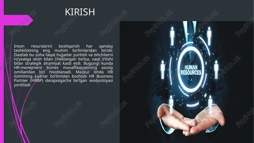 atini rivojlantirib boorish zarur 3 rag’batlantirish tizimi adolatli va samarali bo’lishi kerak 4 kadrlar siyosati tashkiloti strategiyasi bilan uyg’un bo’lishi lozim strategik hrm davri (2000–2010 yillar) 2000-yillarga kelib, hr tizimi strategik yo‘nalishga ega bo‘ldi. endi hr bo‘limi rahbarlar bilan birgalikda tashkilot strategiyasini ishlab chiqishda ishtirok eta boshladi. hrm faqat xodimlarni boshqarish emas, balki biznesni rivojlantirish vositasiga aylandi. kpi, performance management, talent management kabi tushunchalar amaliyotga joriy qilindi. bu davr hrbp tizimiga o‘tishning tayanch bosqichi bo‘ldi. hrbp konsepsiyasining paydo bo‘lishi hrbp (human resources business partner) konsepsiyasi 2010-yillardan boshlab keng tarqaldi. bu model hr mutaxassislarini faqat operatsion xodim emas, balki biznes sherigiga aylantirdi. hrbp rahbarlar bilan bevosita hamkorlik qiladi, strategik qarorlar qabul qilishda ishtirok etadi va inson resurslari siyosatini biznes maqsadlariga moslashtiradi. ular hr ma’lumotlari asosida tahliliy qarorlar qabul qiladi. hrbpning asosiy vazifalari rahbarlarni kadrlar masalalarida qo‘llab-quvvatlash malaka oshirish va o‘sish rejalari tuzish biznes bo‘limlari bilan yaqin hamkorlik o‘rnatish xodimlar motivatsiyasi va …