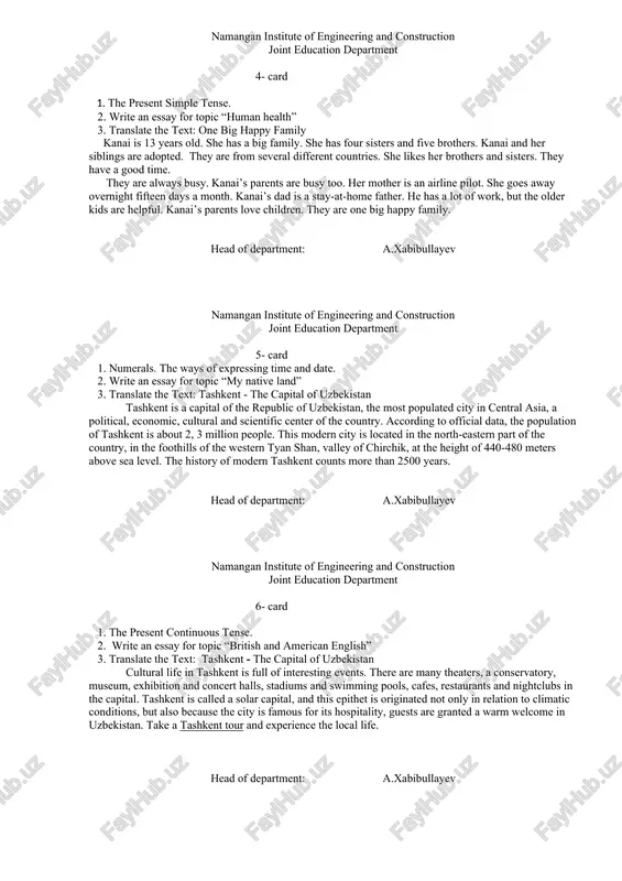 te of engineering and construction joint education department 3- card 1. the past simple tense. 2. write an essay for topic “sports in our institute” 3. translate the text: books in our life as for me i became keen on literature early in life. probably it happened so because we had a very good and widely read library at home. since my childhood i was enchanted by pushkin‟s tales and krilov‟s fables. gogol was one of the greatest authorities to me. later on my heart was won by fet and blok. pasternak‟s and vysotsky‟s poetry filled my heart with expectation of joy and happiness. luckily, our country is rich in such remarkable authors. and as for the classical authors i study rather than read their books. for example after reading william shakespeare‟s tragedy “hamlet” i came to a conclusion that this rich work demands great erudition on the part of …