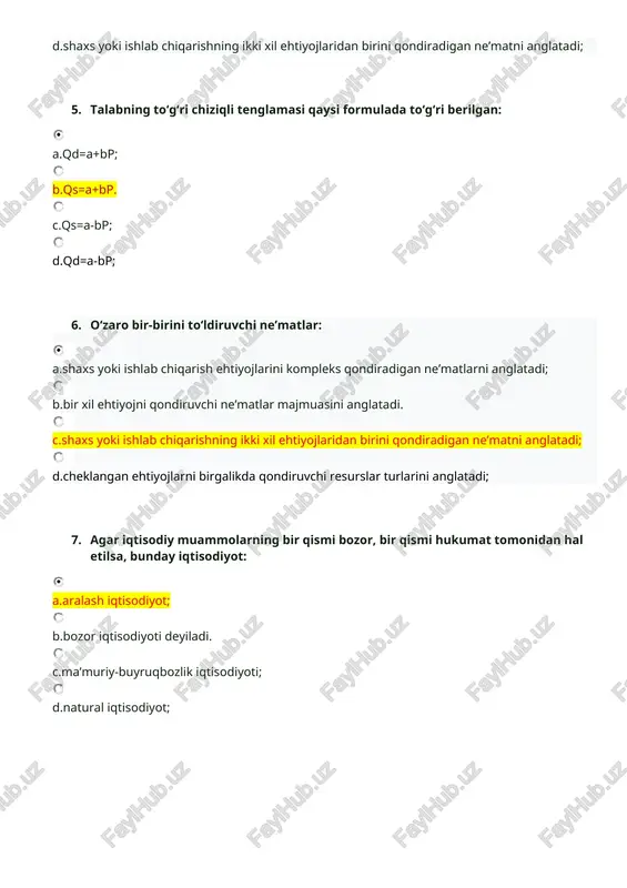 orini ko‘rsatadi; c.mavjud resurslar miqdori doirasida tovarlar ishlab chiqarishning muqobil variantlarini ko‘rsatadi; d.ishlab chiqarish omilllari mahsuldorligining kamayib borishi qonuni kuchga kiradigan vaqtni ko‘rsatadi. 9. maksimal narxlarning o‘rnatilishi: a.iste’molchilarga zarur ayrim mahsulotlarni muvozanat narxdan pastroq narxda xarid etishga imkon beradi; b.iste’molchilarga zarur ayrim mahsulotlarni muvozanat narxda xarid etishga imkon beradi; c.iste’molchilarga zarur mahsulotlarni shartnomaviy narxda xarid etishga imkon beradi. d.iste’molchilarga zarur ayrim mahsulotlarni muvozanat narxdan yuqori narxda xarid etishga imkon beradi; 10. bir-birini o‘rnini bosuvchi ne’matlar: a.shaxs yoki ishlab chiqarish ehtiyojlarini kompleks qondiradigan ne’matlarni anglatadi; b.cheklangan resurslar turlarini anglatadi; c.shaxs yoki ishlab chiqarishning ikki xil ehtiyojlaridan birini qondiradigan ne’matni anglatadi; d.bir xil ehtiyojni qondiruvchi ne’matlar majmuasini anglatadi. 11. agar jamiyatda ishlab chiqarish resurslari hajmi ko‘paysa: a.turmush kechirish farovonligi ortadi. b.ishlab chiqarish texnologiyasi yaxshilanadi; c.ko‘proq tovarlar va xizmatlar ishlab chiqarilgan bo‘ladi; d.iqtisodiyot ko‘proq tovarlar va xizmatlarni ishlab chiqarish imkoniyatiga ega bo‘ladi; 12. talabning ko‘p omilli funksiyasi qaysi formulada to‘g‘ri berilgan: a.qd=f(p, z,r,g,j,a,k..); …