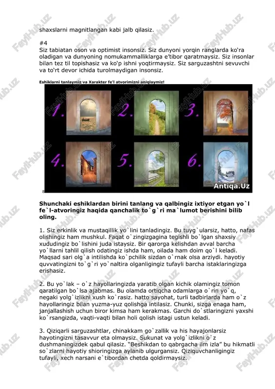 ri olg`a intilishda ko`pchilik sizdan o`rnak olsa arziydi. hayotiy quvvatingizni to`g`ri yo`naltira olganligingiz tufayli barcha istaklaringizga erishasiz. 2. bu yo`lak – o`z hayollaringizda yaratib olgan kichik olamingiz tomon qaratilgan bo`lsa ajabmas. bu olamda ortiqcha odamlarga o`rin yo`q, negaki yolg`izlikni xush ko`rasiz. hatto sayohat, turli tadbirlarda ham o`z hayollaringiz bilan yuzma-yuz qolishga intilasiz. chunki, sizga enaga ham, janjallashish uchun biror kimsa ham kerakmas. garchi do`stlaringizni yaxshi ko`rsangizda, vaqti-vaqti bilan holi qolish istagi ustun keladi. 3. qiziqarli sarguzashtlar, chinakkam go`zallik va his hayajonlarsiz hayotingizni tasavvur eta olmaysiz. sukunat va yolg`izlikni o`z dushmaningizdek qabul qilasiz. “beshikdan to qabrgacha ilm izla” bu hikmatli so`zlarni hayotiy shioringizga aylanib ulgurgansiz. qiziquvchanligingiz tufayli, xech narsani e`tibordan chetda qoldirmaysiz. 4. tanlagan yo`lingizga qarab, har qadamda sirli voqealar izingizdan soyadek ergashib yurishini aytishimiz mumkin. ehtimol biroz, jizzakilik va shoshqaloqlik ham sizga begona emasdir. buni avval so`ylab, keyin o`ylash odatingizdan bilib olish mushkul emas. o`rnatilgan qoidalarni buza olish xususiyatingiz tufayli …