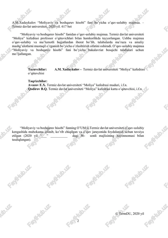 urs talabalari uchun) 356-368 4.2.3 ishchi fan dasturi (kechki ta’lim shakli 3-kurs talabalari uchun) 369-384 4.2.4 ishchi fan dasturi (2-oliy ta’lim sirtqi shakli 2-kurs talabalari uchun) 385-398 4.3.. tarqatma materiallar, slaydlar 399-422 4.4 testlar variatlari, topshiriqli masalalar, keyslar. 423-490 4.5 baholash mezonlari 491-494 4.6 qo’llaniladigan pedagogik texnologiyalari sharhi. 495-508 4.7 yangi ma’lumotlar 509-586 4.8 kalendar tematik reja 587-617 i. o’quv materiallari: ma’ruza matnlari 1-mavzu. “moliyaviy va boshqaruv hisobi” faniga kirish reja: 1.1.moliyaviy va boshqaruv hisobining tasniflanishi 1.2.moliyaviy va boshqaruv hisobining rivojlanish tarixi. 1.3.moliyaviy va boshqaruv hisobining asosiy tamoyillari 1.4.xo’jalik yurituvchi sub’ektlarning tashkiliy shakllari va faoliyat turlari. 1.5.moliyaviy va boshqaruv hisobi fanining predmeti, boshqa iqtisodiy fanlar bilan o’zaro bog’liqligi va tadqiqot usullari. xo’jalik hisobi turlari tayanch iboralar: hisob, buxgalteriya hisobi, moliyaviy hisob, boshqaruv hisobi, soliq hisobi, ichki foydalanuvchilar, tashqi foydalanuvchilar, ob’ekti, predmeti, qonun, nizom, bhms, hisob siyosati. 1.1.moliyaviy va boshqaruv hisobining tasniflanishi o’zbekiston respublikasining yangi tahrirdagi “buxgalteriya hisobi to’g’risida” gi qonunining …