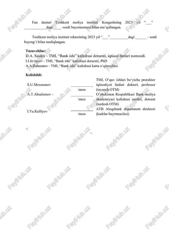 s - kreditlar 9 fan/modul turi majburiy ta’lim tili o‘zbek/rus haftadagi dars soatlari 4 1. fanning nomi auditoriya mashg’ulotlari (soat) mustaqil ta’lim (soat) jami yuklama (soat) pul va banklar 120 150 270 2. i. fanning mazmuni fanni o’qitishdan maqsad – talabalarga pulning zarurligi, mohiyati, pul nazariyalari va pul aylanmasi, kredit va kredit munosabatlari, banklar va bank tizimi, valyutalarning xalqaro miqyosdagi harakatini tashkil qilish bo’yicha chuqur nazariy va amaliy bilimlar berish hamda ularni amaliyotda tatbiq etish ko’nikmasini hosil qilishdan iborat. fanning vazifasi - pulning kelib chiqishi va zarurligi, pulning mohiyati va pul muomalasi qonunlari, pul aylanmasi va pul tizimi, kreditning mohiyati va printsiplari, kreditning shakllari va turlari, bank tizimi va uning tarkibi, tijorat banklari operatsiyalari, nobank moliya kredit institutlari faoliyati, xalqaro valyuta munosabatlarini tashkil qilish va tartibga solish asoslari xususidagi nazariy bilimlar, amaliy ko’nikmalarni o’rganish hamda ahamiyatini ochib berish. ii. asosiy nazariy qism (ma’ruza mashg’ulotlari) ii.i. fan tarkibiga quyidagi mavzular kiradi: …