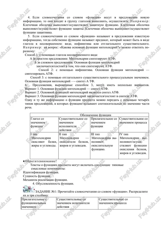 a transporta, zashitnaya funktsiya — funktsiya zashiti, opornaya funktsiya — funktsiya opori. 4. esli slovosochetaniya so slovom «funktsiya» nesut v predlojenii novuyu informatsiyu, to oni vxodyat v gruppu glagolov vipolnit, osushestvlyat. naprimer: kletochnaya obolochka vipolnyaet/osushestvlyaet zashitnuyu funktsiyu. kletochnaya obolochka vipolnyaet/osushestvlyaet funktsiyu zashiti. kletochnaya obolochka vipolnyaet/osushestvlyaet funktsiyu zashitnika. 5. esli slovosochetaniya so slovom «funktsiya» nazivayut v predlojenii izvestnuyu informatsiyu, togda sobstvenno funktsiyu nazivaet predikat, kotoriy mojet bit v vide glagola v nesovershennom: vide, infinitiva ili otglagolnogo sushestvitelnogo. naprimer: na vopros: «kakova osnovnaya funktsiya mitoxondriy?» mojno otvetit po-raznomu: sposob 1: s pomoshyu glagola nesovershennogo vida: a )v prostom predlojenii: mitoxondrii sinteziruyut atf; b )v slojnom predlojenii: osnovnaya funktsiya mitoxondriy zaklyuchaetsya/sostoit v tom, chto oni sinteziruyut atf. sposob 2: s pomoshyu infinitiva. osnovnaya funktsiya mitoxondriy — sintezirovat atf. sposob 3: s pomoshyu otglagolnogo sushestvitelnogo protsessualnim znacheniem. osnovnaya funktsiya mitoxondriy —- sintez a tf. 6. predlojeniya, virajennie sposobom 3, mogut imet neskolko variantov. variant …