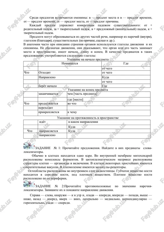 o, govorit po-russki, jit daleko, pet gromko, pisat krasivo. narechiya dopolnyayut znachenie glagola. oni oboznachayut razlichnie usloviya, v kotorix proisxodit deystvie: vremya (vsegda, rano, togda, mgnovenno), mesto (vdali, vverxu, vezde, kuda, sleva), prichinu (poetomu, sgoryacha, ottogo), tsel (narochno, nazlo). narechie ne izmenyaetsya, no otvechaet na razlichnie voprosi: sidet (kak?) pryamo, idti (kuda?) vperyod, naxoditsya (gde?) sprava i t.d. predlog — eto chast rechi, kotoraya igraet slujebnuyu rol: predlogi soedinyayut v slovosochetaniya glagoli i sushestvitelnie (lejit v ploskosti)ili dva sushestvitelnix (tsitoplazma s organoidami). predlogi virajayut raznoobraznie otnosheniya i svyazi: prostranstvennie (v, na, pod, vblizi, okolo, iz, iz-za i dr.), prichinnie (blagodarya, ot, iz-za, v rezultate, vsledstvie), tseli(dlya,za),vremeni (cherez, za, posle, v, vo vremya) i dr. sredi predlogov vstrechayutsya omonimi: v — predlog mesta i v — predlog vremeni, ot — predlog vremeni, ot — predlog mesta, ot — predlog prichini. kajdiy predlog upravlyaet konkretnim padejom sushestvitelnogo: ot + roditelniy padej, za …