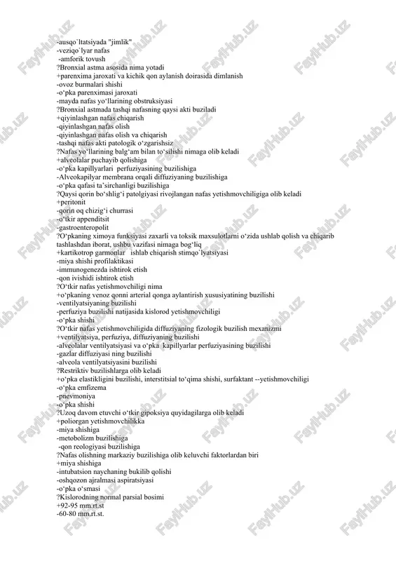 kuchayishi -mayda uchoqli oxaklanish ?bronxiolitning ausqo`ltativ belgisi +mayda pufakchali nam xirrillashlar -ausqo`ltatsiyada "jimlik" -veziqo`lyar nafas -amforik tovush ?bronxial astma asosida nima yotadi +parenxima jaroxati va kichik qon aylanish doirasida dimlanish -ovoz burmalari shishi -o‘pka parenximasi jaroxati -mayda nafas yo‘llarining obstruksiyasi ?bronxial astmada tashqi nafasning qaysi akti buziladi +qiyinlashgan nafas chiqarish -qiyinlashgan nafas olish -qiyinlashgan nafas olish va chiqarish -tashqi nafas akti patologik o‘zgarishsiz ?nafas yo‘llarining balg‘am bilan to‘silishi nimaga olib keladi +alveolalar puchayib qolishiga -o‘pka kapillyarlari perfuziyasining buzilishiga -alveokapilyar membrana orqali diffuziyaning buzilishiga -o‘pka qafasi ta’sirchanligi buzilishiga ?qaysi qorin bo‘shlig‘i patolgiyasi rivojlangan nafas yetishmovchiligiga olib keladi +peritonit -qorin oq chizig‘i churrasi -o‘tkir appenditsit -gastroenteropolit ?o‘pkaning ximoya funksiyasi zaxarli va toksik maxsulotlarni o‘zida ushlab qolish va chiqarib tashlashdan iborat, ushbu vazifasi nimaga bog‘liq +kartikotrop garmonlar ishlab chiqarish stimqo`lyatsiyasi -miya shishi profilaktikasi -immunogenezda ishtirok etish -qon ivishidi ishtirok etish ?o‘tkir nafas yetishmovchiligi nima +o‘pkaning venoz qonni arterial qonga aylantirish xususiyatining buzilishi -ventilyatsiyaning …