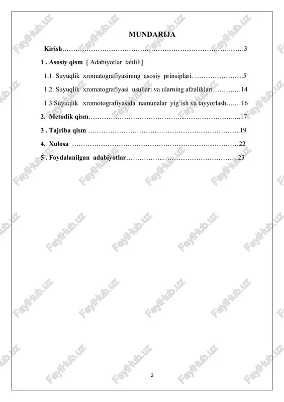 kelinmoqda. eksport strukturasi diversifikatsiya qilinmagan, bunda hanuzgacha mineral o'g'itlar ulushi juda katta. ishlatilayotgan uskunalar 60 foiz eskirgan, energiya sarfi me'yordan 2-3 baravar ortiq. ushbu yig;ilish davomida kimyo sohasida yangi yo'nalishlarini rivojlantirish, bunga xorijiy investorlarni keng jalb qilish zarurligi ta'kidlandi. janubiy koreya bilan hamkorlikda ilmiy-tadqiqot instituti tashkil etish, toshkent kimyo texnologiya institutida mutaxassisliklar va o'quv dasturlarini takomillashtirish bo'yicha ko'rsatmalar berildi. suyuqlik xromotografiyasi, suyuqlik molekullarini tahlil qilish uchun ishlatiladigan bir kimyo texnologiyasi hisoblanadi. bu texnologiyada, suyuqlik numunalaridan alinadigan spektrlar, suyuqlik molekullarining tarkibini tahlil qilish uchun foydalaniladi. kurs ishi mavzusining dolzarbligi: bugungi kunda tez va oson kam vaqt talab qiladigan, aniq natija beradigan usulni topish, shunday apparat yaratish muhim masala hisoblanadi. masalan, ko'p funksiyalarga ega bo'lgan apparat yaratish ayniqsa analitika sohasida kerakli hisoblanadi. ishning obyekti va predmeti: xromatografiya jarayonida obyekt sifatida ajratish uchun yig’ilgan qurilma, predmet sifatida aniqlanayotgan moddani qarashimiz mumkin. tadqiqot ishidan ko'zlangan maqsad: xromatografiyani chuqur o'rganish, turlari bo’yicha malumotlarga ega. 1.1. …