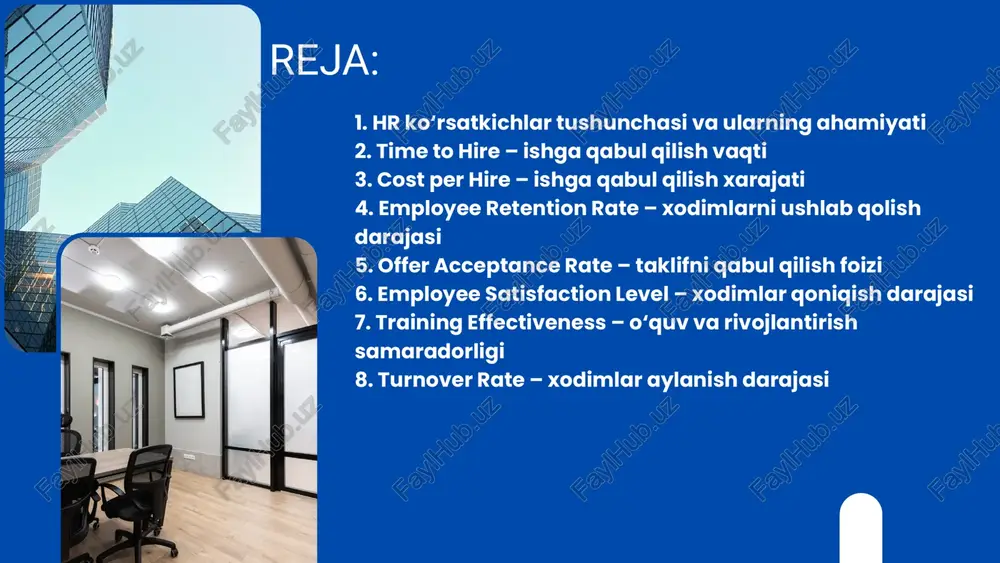 0–35 kunni tashkil etadi. samarali hr tizimiga ega kompaniyalarda esa bu ko‘rsatkich 18–20 kunga tushirilgan. xulosa: time to hire qisqa bo‘lsa, hr jarayonlari tez, samarali va moslashuvchan ishlamoqda, degani. ish e’lonlari uchun to‘lovlar; hr mutaxassisi ish haqi; suhbat o‘tkazish xarajatlari; agentlik komissiyalari; tahliliy test va trening xarajatlari. 3. cost per hire – ishga qabul qilish xarajati bu ko‘rsatkich bitta xodimni ishga olish uchun sarflangan jami mablag‘ni ifodalaydi. u quyidagilardan iborat bo‘ladi: masalan: agar hr bo‘limi oy davomida 10 nafar xodimni ishga olgan va bu jarayonga 10 million so‘m sarflangan bo‘lsa, bitta xodim uchun xarajat 1 million so‘mni tashkil etadi. fakt: shrm (society for human resource management) tadqiqotiga ko‘ra, o‘rtacha cost per hire dunyo bo‘yicha $4200 atrofida. xulosa: agar hr xizmatining ishga qabul qilish xarajatlari kamayib borayotgan bo‘lsa, bu samaradorlik oshayotganidan dalolat beradi. 4. employee retention rate – xodimlarni ushlab qolish darajasi bu ko‘rsatkich hr samaradorligini eng aniq ko‘rsatuvchi omillardan biridir. …