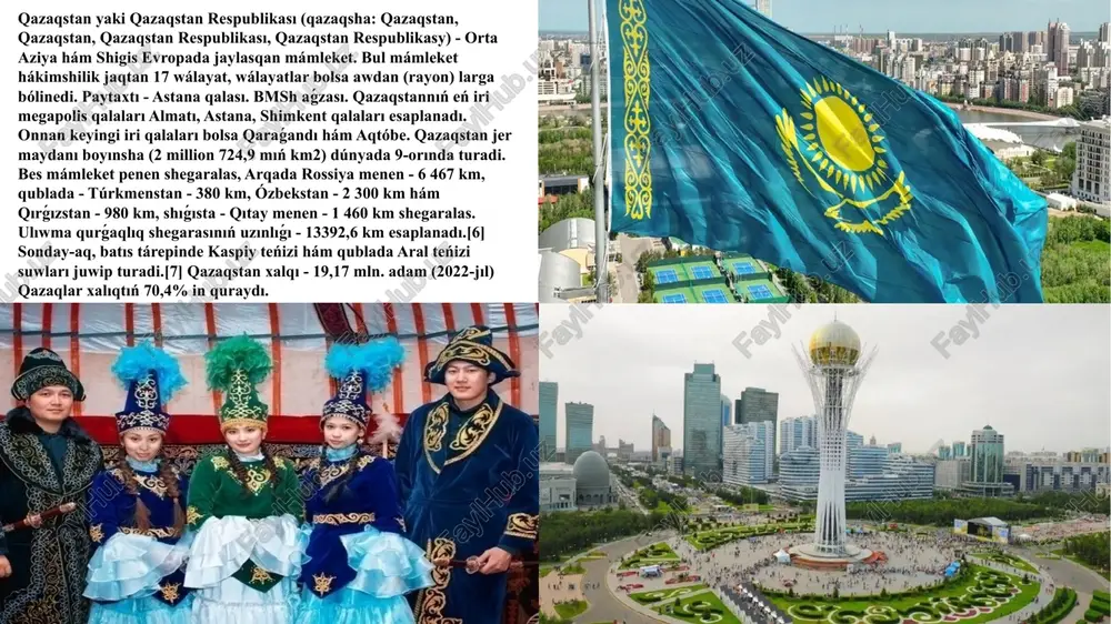 asın ushırdı, ol elege shekem joqarı xızmet kórsetip kelmekte. mámleket xalqı 7 milliondı quraydı.. qırgızstan (qırgızsha: qırgızstan [qɯrʁɯz'stɑn] qırgızstan) yamasa qırgız respublikası (qırgızsha: qırgız respublikası) - orta aziyanıń arqa-shıģısında jaylasqan mámleket. paytaxtı - bishkek qalası. qırǵızstan bmshtıń aǵzası esaplanadı. mámleket arqada qazaqstan, batista ózbekstan, qubla-batista tájikstan hám qubla-shıģista qıtay xalıq respublikası jaylasqan. qırgızstan xalqı búgingi kúnde 6 mln. adamnan artıq. qırgızstan onın 72,6%i qırgızlar, 14,34%i ózbekler, 10,65%i ruslar hám 8,31%i, 5%i tájikler basqa túrli millet wákilleri quraydı. uliwma, mámlekette 90 nan artıq millet hám elat wákilleri jasaydı[2]. qırgızstannıń xalqı - 7 300 000 adam. etimologiyası sssr mámleketi kriziske ushıraģannan soń, derlik barlıq awqamlas mámleketler óz ģárezsizligin qolga kirgizdi olar arasında qırgız ssr (rus. kirgizskaya ssr, qırgızsha: kirgiz ssr) de bar edi. sovet dáwirinde qırǵızstan atı tek rus tilinde (rus. kirgiziya) atalatuǵın edi, tájikstan (tájikshe: tojikiston), rásmiy atı tájikstan respublikası (tájikshe: tojikiston, parsı: جمهurya تاجستان) - orta aziyadaģı teńizge shiqpaytuģın mámleket, …