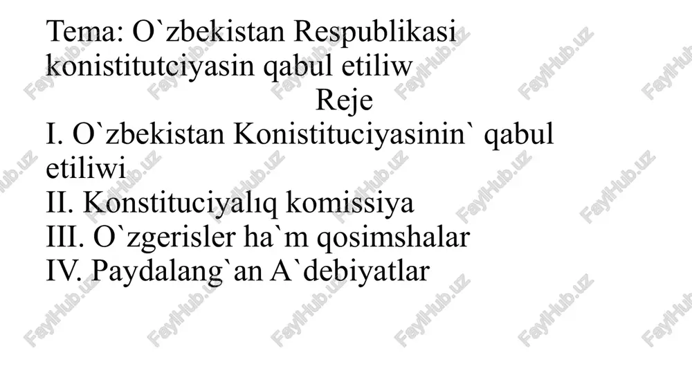 11 statyadan ibarat tiyisli nızamnıń qabıl etiliwi tiykar boldı. bul nızamnıń 1-statyasına konstituciyanıń jańa redakciyası qosımsha etilgen. jańa konstituciya 65 procentke jańalanǵan kirgizilgen ózgerisler tiykarǵı maqala: ózbekstan respublikası konstituciyasına kirgizilgen ózgerisler (2022) ózbekstan respublikası konstituciyasına házirgi kúnge shekem 15 márte ózgeris kirgizilgen. 1993-jılı 28-dekabrde qabıl etilgen nızam menen konstituciyanıń 77-statyası 1-bólimindegi "150 deputattan" degen sózler "deputatlardan" degen sóz benen almastırıldı; 2002-jılı 27-yanvarda ótkerilgen ulıwma xalıqlıq referendum nátiyjelerine bola hám onıń tiykarında 2003-jılı 24-aprelde qabıl etilgen nızamına muwapıq, konstituciyanıń xviii, xix, xx, xxiii baplarına ózgerisler hám qosımshalar kirgizilgen; 2007-jil 11-apreldegi nizam menen konstituciyanın 89-statyasına, 93-statyasının 15-bántine, 102-statyasının ekinshi bólimine dúzetiwler kirgizilgen; 2008-jılı 25-dekabrde qabıl etilgen nızam menen konstituciyanıń 77-statyası birinshi bólimine ózgeris kirgizilgen; 2011-jılı 18-aprelde qabıl etilgen nızam menen konstituciyasınıń 78, 80, 93, 96 hám 98-statyalarına ózgerisler hám qosımshalar kirgizilgen; 2011-jılı 12-dekabrde qabıl etilgen nızam menen konstituciyanıń 90-statyası ekinshi bólimine dúzetiw kirgizilgen; 2014-jılı 16-aprelde qabıl etilgen nızam menen konstituciyanıń 32, 78. …