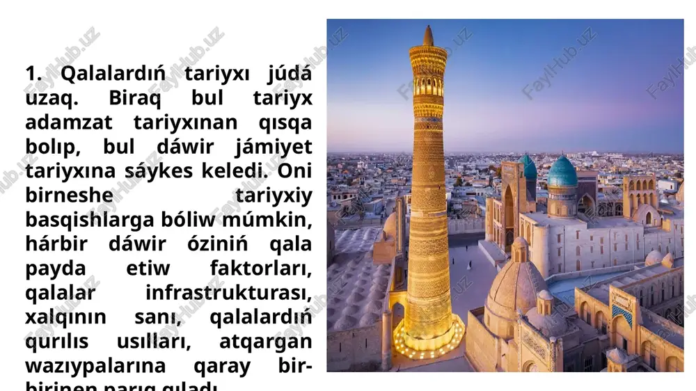 sh, kish, xarappa, bobil, nineviya, memfis en áyyemgi qalalardan esaplanadı. dáslepki mesopotamiyadaģı qala - orda xalqınıń tábiyiy kóbeyiwi házirgi tábiyiy kóbeyiwge uqsamagan. qalalar ólshemi 370x240 m bolip, keń tuwri kóshedegi pisken gerbishten qurilgan. sociallıq aymaqlıq jaylasıw ápiwayı bolgan. bloklar yaki shegaralar menen arnawlı tigiwshiler, gúlalshılar, elita qatlam hám basqa rayonlar óz aldına ajıratılgan. qalalar átirapı menen ulıwma maydanı 640 akr (250 gektar) hám xalqı 20 000 nan artıq bolgan. xarappa korollıǵı egizek paytaxttan óz aldına túrde absolyut kúshke iye bolgan monax-korol tárepinen basqarılgan. m.av. 2000-jillarga shekem shumer qala mámleketlerinde sawda belgileri bolgan. biraq ózgermeytuǵın materiallıq mádeniyat hám házirge shekem ilimpazlar tárepinen aqırına shekem shala oqılǵan jazıwlar sonı ańlatadı, nil dáryası qalalarınan parıqlı túrde, xarappa mádeniyatı hám qalaları óz aldına payda bolǵan. bir ásir dawamında turaqlı rawajlanıwına qaramastan, xarappa civilizaciyası basqınshılar tárepinen b.e.sh. 1500-jilda buzip taslangan. mesopotamiya qalaları b.e.sh. 2000-jıllarda bar bolǵan. mezoamerikadaǵı bir qansha civilizaciyalar bolsa, máselen, maya, 300-1000-jıllarda eń …