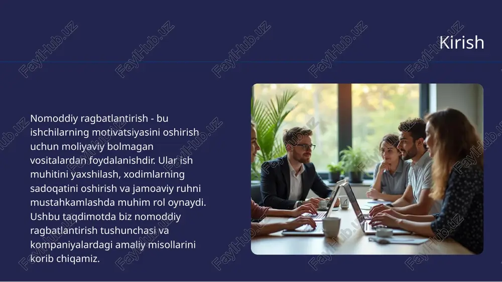urish va ularni sinab ko‘rish imkoniyati. “20% rule”: har bir xodim o‘zining ish vaqtining 20 foizini o‘zi qiziqqan loyihaga sarflashi mumkin. natija: ijodkorlik va tashabbus oshgan, ishga sodiqlik yuqori. tayotta (yaponiya) nomoddiy rag‘batlantirish: “kaizen” tizimi: har bir xodimdan takliflar olish va ularni inobatga olish. jamoaviy tan olinish: foydali takliflar bergan jamoalar maqtov va e’tirof oladi. kiritiladi. sodiqlik qadrlanadi: uzoq yillar ishlagan xodimlar kompaniya faxriy ro‘yxatiga • natija: xodimlarda “kompaniya – bu meniki” degan tuyg‘u shakllangan.) aloqabank (uzbekiston) nomoddiy rag‘batlantirish: oy xodimi / yil xodimi kabi e’tirof tizimlari. ichki trening va malaka oshirish kurslari: o‘sish imkoniyati. rasmiy tan olish: direktor tomonidan minnatdorchilik xati yoki tashakkurnoma. natija: xodimlarda o‘ziga ishonch va korporativ ruh kuchaygan. nomoddiy ragbatlantirish vositalari xodimlarning qoniqish darajasini oshiradi va tavakkalchilikni kamaytiradi. bu vositalar ish muhitidagi stressni pasaytiradi, xodimlar ortasida ijobiy munosabatlarni rivojlantiradi hamda kreativlik va innovatsion fikrlashni ragbatlantiradi. natijada, kompaniyaning umumiy samaradorligi oshadi. nomoddiy rag'batlantirish vositalarining samarasi kompaniyalar ishchilarni …