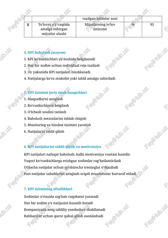 kaziladi past natijalar sabablarini aniqlash orqali muammolar bartaraf etiladi 7. kpi tizimining afzalliklari xodimlar o‘rtasida sog‘lom raqobatni yaratadi har bir xodim o‘z natijasini kuzatib boradi kompaniyada aniq tahliliy yondashuv shakllanadi rahbariyat uchun qaror qabul qilish osonlashadi mukofotlash tizimi shaffof bo‘ladi 8. xulosa kpi tizimi savdo bo‘limining muvaffaqiyati uchun asosiy vositadir. u xodimlarni natijaga yo‘naltiradi, kompaniya daromadini oshiradi va samaradorlikni oshiradi. shuning uchun har bir savdo bo‘limida kpi tizimini muntazam tahlil qilib, takomillashtirib borish muhimdir.