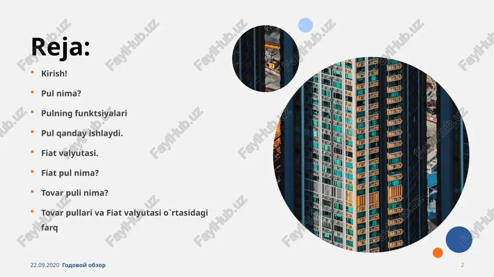 an iboratki, biror kishi boshqa tomonga moddiy ahamiyatga ega bo'lgan narsani almashtirmasdan turib, tovar yoki xizmatga ega bo'lmaydi. 1. ayirboshlash vositasi 22.09.2020 godovoy obzor ‹#› 22.09.2020 godovoy obzor ‹#› pul qimmatli qog'oz sifatida xizmat qilishi uchun u kelajakda foydalanish uchun ishonchli tarzda saqlanishi va qaytarib olinganda ayirboshlash vositasi sifatida ishlatilishi kerak. qimmatli qog'oz sifatida pul joriy ishlab chiqarish jarayonlari yoki savdo faoliyati natijasida olingan qiymatni kelajakda foydalanish uchun saqlash uchun ishlatilishi mumkin. savdogarlar tovarlar qiymatini kelajakda va/yoki boshqa joyda sotish uchun saqlashlari mumkin. shu sababli, pul kelajak uchun tejash va turli geografik joylarda operatsiyalarda qatnashish imkonini beradi. 2. qiymatni saqlash 22.09.2020 godovoy obzor ‹#› 22.09.2020 godovoy obzor ‹#› pul muayyan tovarlar va / yoki xizmatlarning haqiqiy qiymatini aniqlash uchun bozorda qiymat o'lchovi sifatida qo'llaniladi. qarz bilan bog'liq yuridik shartnomalarni tuzishda hisob birligi talab qilinadi. shuning uchun pul savdoning standart o'lchovi bo'lib ishlaydi va u savdo kotirovkalarini tuzish va bitimlarda yaxshiroq …