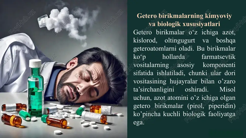 ) tarkibida oltingugurt mavjud bo‘lib, u infektsiyaga qarshi samarali ta’sir ko‘rsatadi. bu kabi getero birikmalar mikroorganizmlar o‘sishini bostirishga yordam beradi polifunksional birikmalar asosidagi zamonaviy dori vositalari polifunksional birikmalar qatoriga bir nechta funksional guruhlarni o‘z ichiga olgan dorilar kiradi. bu dorilar organizmda ko‘plab biologik jarayonlarga ta’sir ko‘rsatadi. masalan, antibakterial va antivirus ta’siriga ega bo‘lgan polifunksional dorilar infeksiyalarni samarali davolashda yordam beradi. dorilarning faol moddalari va ularning tasnifi dorivor moddalar farmakologik ta’siriga qarab sinflanadi: analgetiklar, antipiretiklar, antibiotiklar, antiviruslar va boshqalar. har bir sinf ma’lum bir kasallikka qarshi ishlatiladigan moddalarni o‘z ichiga oladi. getero va polifunksional birikmalarning farmakologik xususiyatlari getero va polifunksional birikmalar dori vositalarining farmakologik xususiyatlarini oshirishda muhim rol o‘ynaydi. ular dorilarni to‘g‘ri ta’sir joyiga yetkazadi va dorining samaradorligini oshiradi. heterotsiklik birikmalar: antibiotiklar va antiviral vositalar heterotsikllar bir nechta atomlardan hosil bo’lgan siklik strukturadir va dorilar sintezida keng qo‘llaniladi. masalan, beta-laktam antibiotiklar bakteriyalarning hujayra devorini parchalash orqali ta’sir qiladi. yuqori samarali getero …
