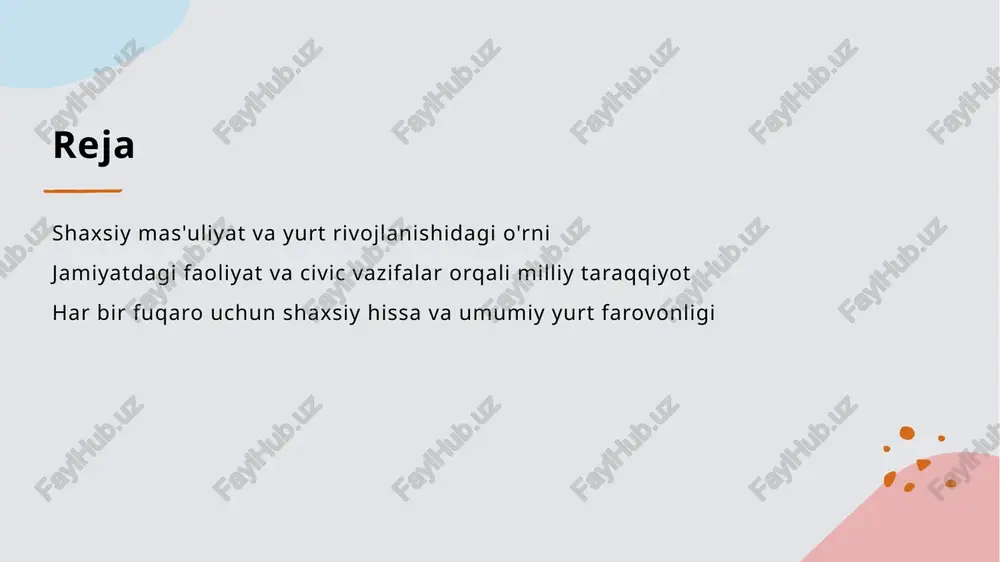 asos bo'ladi. jamiyatdagi faoliyat va civic vazifalar orqali milliy rivojlanishni ta'minlashning ahamiyati 1 jamiyatda faoliyat - jamiyatdagi faoliyat, shaxslarning umumiy manfaatlar uchun ishlashini ta'minlaydi. bu, milliy rivojlanishga erishishda muhim rol o'ynaydi. 2 civic vazifalar - fuqarolik vazifalari, qonunlarga hurmat, huquqlar va majburiyatlarni anglashni rivojlantiradi, bu esa yurt farovonligini mustahkamlashga yordam beradi. 3 hissalar va rivojlanish - har bir fuqaroning shaxsiy va civic hissasi mamlakatning iqtisodiy, ijtimoiy va madaniy rivojlanishida muhim omil bo'lib, umumiy farovonlikni oshiradi. fuqarolik faoliyati va yurt farovonligiga qo'shgan shaxsiy hissalar 1 vatan uchun faoliyat fuqarolik faoliyati yurt rivojlanishining asosiy omilidir. har bir fuqaro davlat uchun foydali ishlar bilan shug‘ullanib, milliy taraqqiyotga hissa qo‘shadi. 2 jamiyatda ishtirok faol fuqarolik faoliyati jamiyatda birlik va mustahkamlikni ta’minlaydi. ovoz berish, ijtimoiy tashabbuslar va jamoaviy ishlarda qatnashish yurt farovonligiga xizmat qiladi. 3 shaxsiy mas'uliyat har bir fuqaro o‘z vazifalarini bajarishda mas’uliyatli bo‘lsa, yurt rivojlanishiga sezilarli ta’sir ko‘rsatadi. bu esa milliy o‘sishni va …