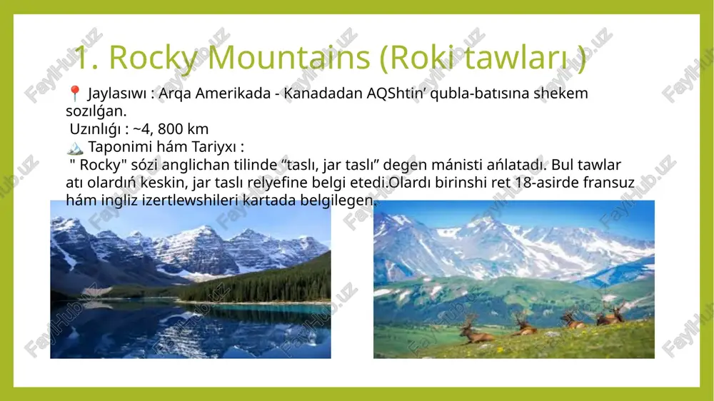 g eń biyik tog'i - denali (burınǵı atı mount mckinley). " denali" - jergilikli atabaskan tilinde “ullı” yamasa “eń joqarı” degen mánisti ańlatadı. 2015-jılda aqsh húkimeti rásmiy atınıń denali dep ózgertirdi - túpkilikli xalıqtıń húrmeti ushın. 6. brooks range (bruks tog‘lari) 📍 jaylasıwı : alyaskanin arqa bóleginde jaylasqan (arktika sheńberine jaqın 🏔 taponimi hám tariyxı :atınıń geolog alfred hulse brooks húrmetine alǵan (1900-jıllarda alyaskani izertlew etken). túpkilikli xalıqlar (inupiat, gwich'in) bul tawlardı óz tillerinde " arrigetch" sıyaqlı atlar menen atawǵan, bul " barmaqqa uqsas tawlar" degen mánisti ańlatadı. 7. wasatch range (vasatch tawları ) 📍 jaylasıwı : utah shtatınıń batıs bóleginde hám idaho qublaında jaylasqan. 🏔 taponimi hám tariyxı “wasatch” atı túpkilikli amerikalıq ute qáwiminiń tilinen alınǵan, mánisi “taw shıgarlıǵı” yamasa “biyik jay” degeni bolıp tabıladı. bul tawlar salt lake city qasında jaylasqan, hám qıs sportı ushın ataqlı jay. 8. blue ridge mountains (kók dizbe tawları ) 📍 jaylasıwı : …
