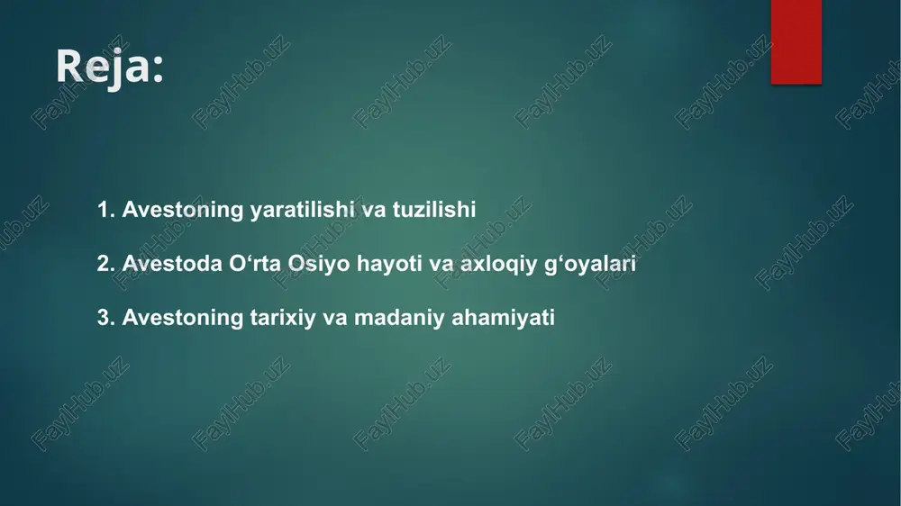 oqiy g‘oyalari “avesto”da inson ezgulik va yovuzlik o‘rtasidagi kurash orqali tarbiyalanadi. uning asosiy shiori – “yaxshi o‘y, yaxshi so‘z, yaxshi amal” g‘oyasidir. bu tamoyil insonni halollikka, adolatga va mehnatsevarlikka chaqiradi. avestodagi axloqiy qadriyatlar o‘rta osiyo xalqlari dunyoqarashiga katta ta’sir ko‘rsatgan. bugungi kunda ham bu g‘oyalar insonparvarlikning muhim namunasi sifatida qadrlanadi. zardushtiylik va avesto “avesto” zardushtiylik dinining asosiy manbasi bo‘lib, zardushtning ta’limotini aks ettiradi. zardusht insonni tabiat bilan uyg‘un yashashga, ezgulikka intilishga da’vat etgan. u axuramazda (yaxshilik xudosi) va ahriman (yovuzlik kuchi) o‘rtasidagi kurashni asosiy g‘oya sifatida ko‘rsatgan. shu orqali “avesto” qadimgi odamlarning diniy e’tiqodini va ularning ruhiy dunyosini ifodalaydi. avestoning tarixiy ahamiyati “avesto” qadimgi o‘rta osiyo xalqlarining madaniy va siyosiy hayoti haqida muhim tarixiy ma’lumot beradi. unda qadimiy shaharlar, elatlar, urf-odatlar va boshqaruv tizimlari haqida ma’lumotlar bor. shu sababli tarixchilar “avesto”ni o‘rta osiyo tarixining eng qadimgi yozma manbasi deb hisoblashadi. bu asar o‘sha davr madaniyatining yuksak darajada rivojlanganini isbotlaydi. avestoning …