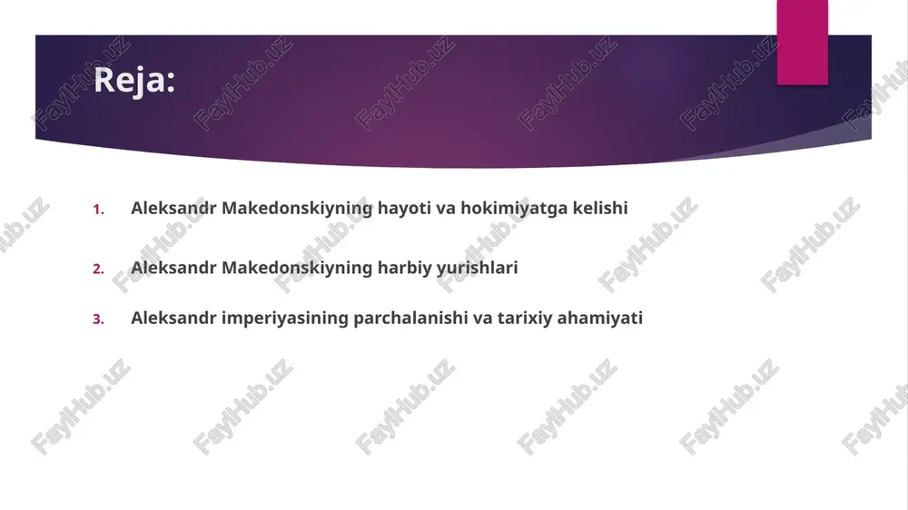 ondi. hindistonga yurish aleksandrning eng uzoq va murakkab yurishi hindistonga bo‘lgan yurish edi. u miloddan avvalgi 327-yilda hind daryosidan o‘tib, mahalliy podshoh por bilan jang qildi. por mag‘lub bo‘lsa ham, aleksandr uni hurmat bilan qabul qildi. biroq uzoq yurishlar, iqlim va charchoq sabab askarlar qaytishni talab qildilar. aleksandr imperiyasining kengayishi aleksandr makedonskiy yurishlar natijasida yevropa, osiyo va afrikaning katta qismini o‘ziga bo‘ysundirdi. uning imperiyasi yunon, fors, misr va hind madaniyatlarini birlashtirgan holda, yangi sivilizatsiya — ellinizm davrining shakllanishiga sabab bo‘ldi. bu davr fan, san’at va falsafaning yuksalish davri bo‘ldi. aleksandrning vafoti va imperiyaning parchalanishi miloddan avvalgi 323-yilda aleksandr bobilda to‘satdan vafot etdi. uning o‘limidan so‘ng imperiyasi parchalanib ketdi. sodiq sarkardalari o‘zaro urush boshladi. bu bilan aleksandr yaratgan buyuk davlat uzoq yashamadi. shunga qaramay, uning yurishlari tarixda chuqur iz qoldirdi. xulosa aleksandr makedonskiy qisqa umr ko‘rgan bo‘lsa-da, uning harbiy yurishlari jahon tarixini o‘zgartirdi. u madaniyatlar o‘rtasida aloqa o‘rnatdi, yangi shaharlar barpo …