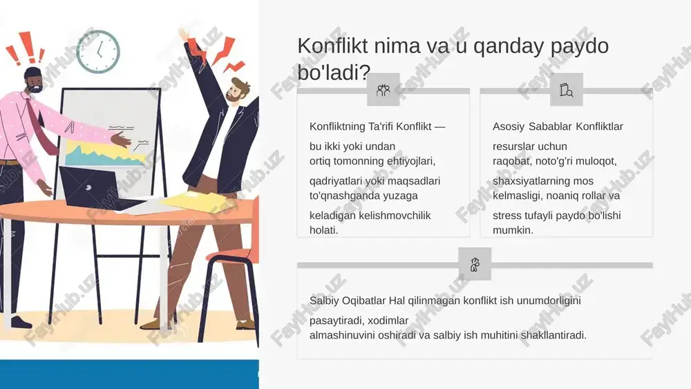 i ta'minlash. bu ishonch muhitini yaratadi. volontyorlik agar majburiy talab bo'lmasa, vositachilikka ishtirok etish ixtiyoriyligini ta'kidlash. tomonlarning o'z ixtiyoriga ko'ra yechim topishiga ko'maklashish. xolislik tomonlarning birortasiga yon bosmaslik, neytral pozitsiyani saqlash va adolatli munosabatda bo'lish. vositachining asosiy vazifasi – tomonlarga o'z yechimlarini o'zlari topishlariga ko'maklashish, tayyor yechimni yuklash emas. samarali tinglash va savol berish ko'nikmalari faoltinglash (active listening) ochiq savollar berish konfliktning chuqur ildizlarini ochish uchun nima, qanday, nega kabi ochiq savollarni qo'llash muhimdir. masalan, "bu vaziyat sizning ishingizga qanday ta'sir qildi?" paraphrase qilish:tushunganingizni qaytarib aytish ("agar to'g'ri tushungan bo'lsam, siz...") empatiya: tomonlarning his-tuyg'ularini tan olish va hurmat qilish. to'xtatmaslik: gapiruvchining fikrini oxirigacha eshitish. konfliktni hal qilishda muzokaralar olib borish strategiyalari hamkorlikka yo'naltirish tomonlarni raqobatdan yagona maqsadga erishish uchun birgalikda ishlashga chorlash. manfaatlar tahlili talablardan ko'ra, ularning ortidagi haqiqiy ehtiyojlarga e'tibor qaratish (masalan, "men istayman" emas, "men nima uchun istayman"). muzokaralar jarayonida har bir tomonning manfaatlari hisobga olinadigan strategiyalar qo'llaniladi. …
