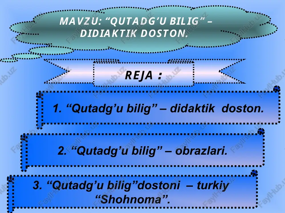 l ip bo’lib o’tadi. bu inson masalasidir. insonnnig ijtimoiy mohiyati, uning hayotidagi o’rni, ijtimoiy vazifasi shoir tomonidan turli yo’nalishlarda tahlil etiladi. o’ltirar chog’ida o’rningni bilgin hech kimni past ko’rma, kishilik qilgin. bor ovozni qo’yib kulmagin sira tubanlik bo’lar bu kishilar ora. dostonda voqea tasviri yo’q deb aytish mumkin. to’g’rirog’i muallif qiziqarli bir voqeani hikoya qilib berishni o’z oldiga maqsad qilib qo’ymaydi. muallifning markazida 4 timsol turadi. bular: kuntug’di, oyto’ldi, o’gdulmish, o’zg’urmish. biri to’g’rilikka tayanch – adolat biri davlat erur u qutli g’oyat uchinchi – ulug’lik aql ham zaro to’rtinchi – qanoat erur bebaho muallifning yozishicha, “qutadg’u bilig”ni chinliklar – “adjab ul – muluk” (podsholar odobi), mochinliklar – “amin ul – mamlakat” (mamlakat omonliklari), sharqda esa “ziynat ul – umaro” (amirlar ziynati), eronliklar – “shohnoma yi turkiy” (turkiy shoxnoma) turonliklar – “qutadg’u bilig”, ba’zilari esa pandnomayi muluk (“podsholar pandnomasi”) deb atashgan. abdurauf fitrat esa uni “baxtliklanish bilimi” deb tajrima qilgan. yusuf …