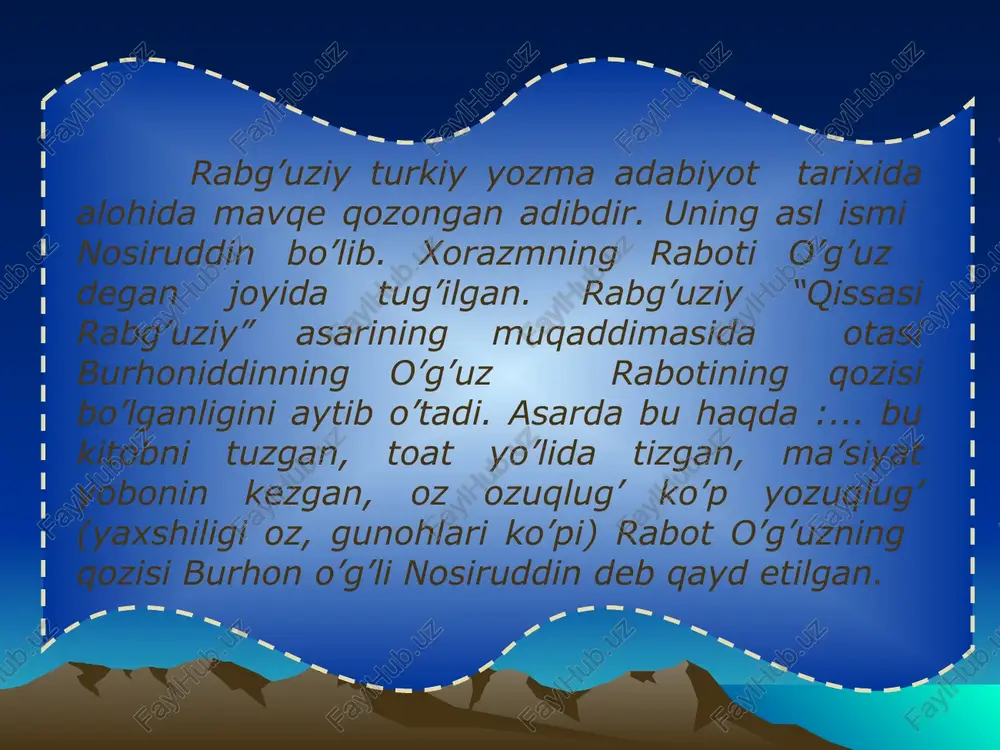 a tajribasi asosida qayta ishlagan, o’z badiiy tafakkuri bilan ularni boyitgan. qissalar asosan nasrda bitilgan. shunga qaramay, qissalar tarkibida ba’zan she’riy parchalar ham uchraydi. asar hammasi bo’lib 72 qissadan iborat. qissalarning asosiy qismi payg’ambarlar (nuh, muso, iso, ya’qub, sulaymon, dovud, muhammad va b.) to’g’risidadir. qissalar tarkibida hikoyatlar ham uchraydi. hikoyatlar qissalardagi muayyan voqea – hodisalar yoki alohida qahramonlarning tegishli xususiyatlarini izohlash vazifasini bajaradi. “qissasi rabg’uziy” o’zbek badiiy nasrining ilk namunalaridandir. unda adib nosriddun rabg’uziyning yuksak badiiy mahorati atroflicha namoyon bo’lgan. “qissasi rabg’uziy” o’zining ma’rifiy hamda badiiy – estetik ahamiyati bilan barcha avlodlar ma’naviy kamoloti uchun ham qadrlidir.