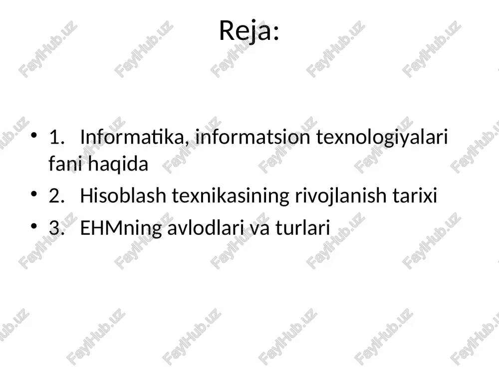 natish matematik modeldan foydalanish i-bosqich ii- bosqich iii- bosqich iv- bosqich v- bosqich vi- bosqich muammoning qo'yilishi va uning nazariy sifat jihatdan tahlili matematik modelni tuzish tuzilgan imatematik modelning matematik tahlili modellashtirilayotgan ob'ekt bo'yicha ma'lumotlarni tayyorlash masalani echish algoritmini tuzish, kompyuter dasturlarini tayyorlash va ular asosida masalani hisoblash, echimini olish modellashtirishning zarurligi va ahamiyati. modem. ma‘lumotlar bilan telefon aloqa orqali almashish qismi. modemlar tezligi (2400 bit sekunddan - 33600 bit sekundgacha) bo’yicha farqlanadi. telefonda hamma ma‘lumotlar tovush holatida bo’ladi, kompyuterda esa rakamlar holatida. shuning uchun bitta modem rakamlarni tovush holatiga utkazadi, ikinchisi esa tovushlarni rakamlarga utkazadi. bu holat modelirovanie va demodulirovanie deb nomlanganligi uchun bu kurilmalar modyem deb nomlangan printerlar. ma‘lumotlarni bosmaga chiqarish qismi. printerlar lazer, matritsali (ignali) va sepuvchi turlari bor. har biri ishlash holati, tezligi, bosmani sifati va narxi, hamda ranglar bo’yicha farqlanadi. matritsali printerlar pechatlash moshinaga uxshagan holda ishlaydi. kogoz va ignali kurilma urtasida kora rangli lenta …