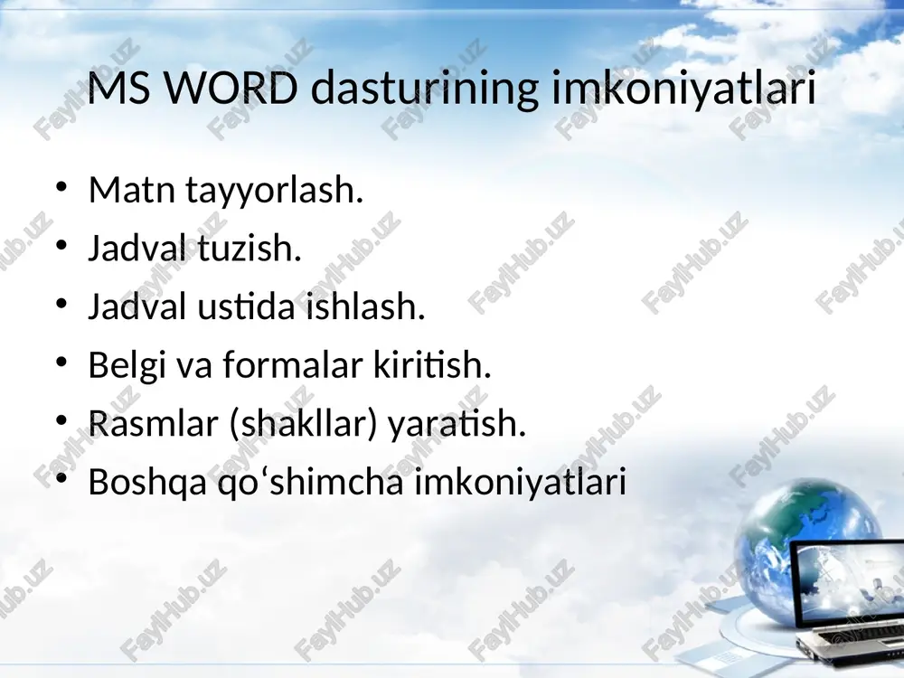 kiritish ms word belgilar va formulalar kiritish uchun qo’yidagilar amalga oshiriladi matnga belgilar va formulalar kiritishning imkoniyati mavjud. bu jarayon simvol va redaktor formula bo’limlarida amalga oshiriladi. belgilarni matnga qo’shish uchun vstavka bo’limida simvol bandi tanlanadi. matnga formula kiritish uchun vistavka bo’limida ob’ekt bandi tanlanadi yoki formula darchasi (oynasi) dan foydalaniladi.
