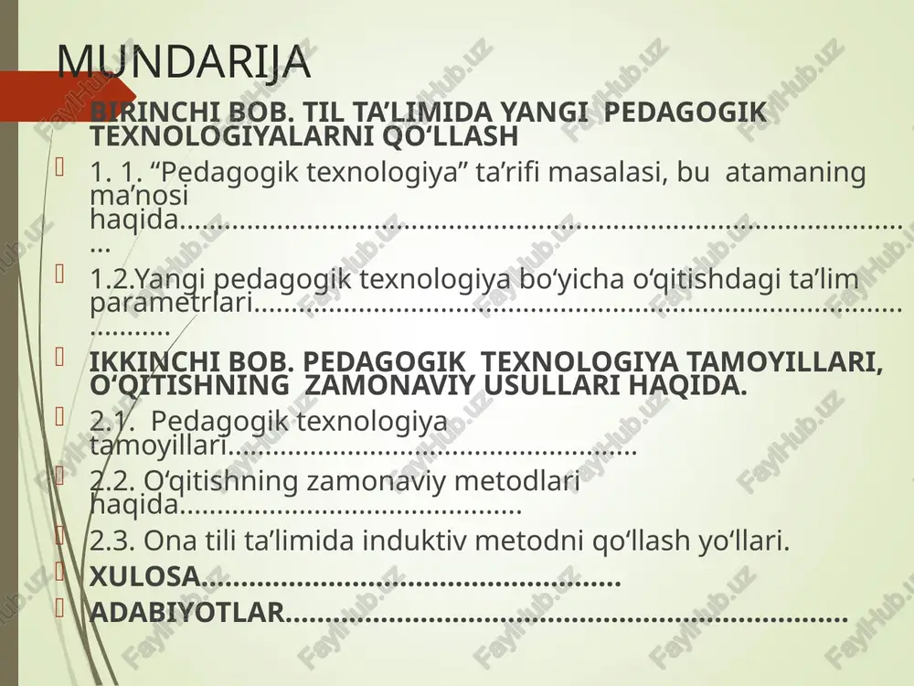 aniqlash; - til o‘qitishda badiiy asardagi tasviriy ifoda va frazelogizmlarning uslubiy-stilistik vazifalarini aniqlash; mavzuni nazariy va amaliy ahamiyati. ishning nazariy ahamiyati shundaki, ishda birinchi marta til ta’limi tizimida ona tilidan beriladigan grammatik bilimlarning yuqori sinflarning 5- sinfidan to‘qqizinchi sinflarigacha bosqichlararo uzluksizlikda va o‘zaro mazmuniy uzviylikda, muayyan izchillikda berilish tartibi bayon qilindi, til va nutq materiallarini tanlash va ularni ta’lim bosqichlariaro taksimlash yuzasidan nazariy tavsiyalar berildi. tadqiqot natijalarining amaliy ahamiyati. tadqiqot ishida ona tilidan umumta’lim maktablari, akademik litseylar, kasb-hunar kollejlari va oliy ta’lim uchun yangi pedagogik texnologiyalar asosida dars o‘tish, mazmuniy uzviylik va bosqichlararo uzluksizlikda beriladigan bilimlar minimumi tavsiya qilindi. mavzuning tadqiq darajasi. turkiy tilshunoslikda ham til o‘qitishda yangi pedagogik texnologiya mahorat va uslub masalalariga katta e’tibor berilmoqda. jumladan, ozarbayjon, tatar, qozoq tilshunosligada ham til va adabiyot ta’limi, yozuvchi tili va uslubiga bag‘ishlangan tadqiqotlar yaratilganligini e’tirof etish lozim. umumiy xulosalar 1. xulosa qilib aytganda, yangi pedagogik texnologiyalarni ta’lim jarayoniga olib kirish …