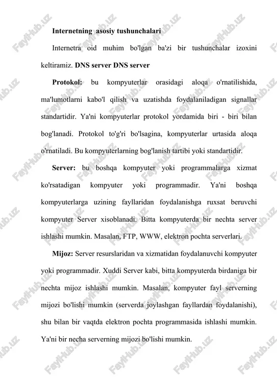 nadigan kompyuterga katta talablar kuyilmaydi. buning uchun unda shlyuz vazifasini utaydigan programmalar bilan ishlash imkoni bo'lsa, bo'ldi xolos. demak, ilgaridan uz lokal kompyuter tarmog'ingizda biror sistema bilan ishlab kelayotgan bo'lsangiz, uni internetga ulamokchi bo'lsangiz ana shunday shlyuz programmani o'rnatsangiz etarli. proxy: bir necha kompyuterning internetga ulaniishni ta'minlovchi tizim. proxy server odatda ko'p ishlatiladigan resurslarni saqlash imkoniyatiga ega. internet da ba'zi bir ma'lumotlarga ko'pchilik murojaat qilgani uchun bu ma'lumotlarga oid serverga ulanish (navbat katta bo'lgani uchun) sekin bo'lishi mumkin. shuning uchun ko'pchilik murojaat kiladigan serverlar nusxalari boshqa serverlarda xam saqlanadi. bunday serverlar proxy serverlar deyiladi. proxy serverdan foydalanish imkoniyati odatda programmalarni o'rnatishda e'tiborga olinishi zarur. xozirda ko'p internet ma'lumotlarni ko'rish uchun ms internet explorerdan foydalanganda, unda proxy programmasi orqali foydalanish nazarda tutiladi. url: (uniform resource locator) internetra murojaat qilishning eng oddiy va qulay usuli bo'lib, u manzilni ifodalaydi. url adresidan ixtiyoriy foydalanuvchi foydalanishi mumkin. ya'ni bu adresdagi ma'lumotdan barcha foydalanuvchilar bir …