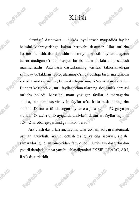 l) commander» programmasi ham boshqa prjgrammalar singari ishga tushiriladi (total) commanderning 2 ta paneldan iborat oynasi ochiladi. 2. bironta diskdan papka (katalog) yoki fayl tanlanadi. tanlanganda uning rangi o’zgaradi. 3. «fayl» (files) menyusidan «upakovat…» (pakc…) bandi yoki uskunalar panelidagi piktogrammala tanlanadi. 4. ochilgan «upakovka faylov» muloqat oynasidan arxivatorlardan biri belgilanadi. bu quyidagi rasmda aks ettirilgan. 5. ochilgan muloqat oynasidagi so’rovlarga (arxivlanayotgan faylning qayerga, qaysi nom bilan saqlash zarurligi) foydalanuvchi ko‘rsatadi (quyidagi rasmda tasvirlangan). «ok» tugmasi bosing va faylning arxivlangan holatini quyidagicha ko‘rish mumkin. arxivlangan faylni ochish amalini amaliyot mashg’ulotida mustaqil bajarib ko’ring. nazorat savollar: 1. arxivlash nima? 2. nima uchun fayllarni arxivlab turish kerak? 3. qanday arxivlash programmalarini bilasiz? 4. arj programmasi qanday ishlaydi? 5. qanday qilib fayllarni arxivdan qayta tiklash mumkin? viruslardan himoyalanish dasturlari. 1984 yili aqsh dagi loxay universitetida o’tkazilayotgan axborotlarning havfsizligi buyicha o’tkazilayotgan 7-konferentsiyada f.koyen tomonidan «kompyuter virusi» termini ishlatiladi. 1987-1989 yillarda ibm pc da «braen», «viena», …