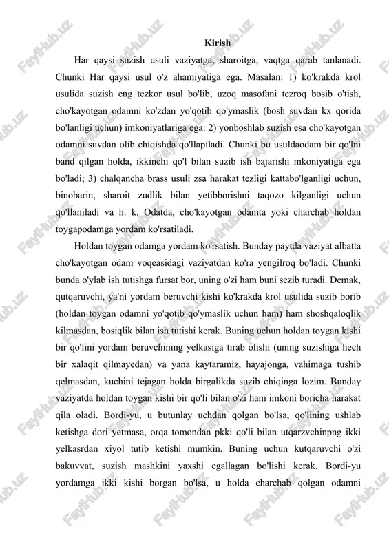 organ bo'lsa, u holda charchab qolgan odamni o'rtalariga olib, unga yelkalarini orqadan tutib olishni taklif qilib, brass usulida suzib olib chikadilar. cho'kishning sabablari va turlari. suvga cho'kish bizning jumhuriyat sharoitida asosan yoz oylarida sodir bo'lsada, ammo tog'li nohiyalarda bo'ladigan bahorgi suv toshqinlari, sel kelishlar oqibatida ham odamlar suv girdobida g'arq bo'lish hollari uchrab turadi. bunday paytlarda odamlar alba, tta, kiyim-boshda bo'ladilar. natijada sal vaqt ichida suvga botib, cho'ka boshlaydilar. bolonya matodan tayyorlangan kiyim-boshlar albatta, bundan mustasno. masalan, shahrimiz (toshkyont) dagi «anhor»ga avtobus qulab tushganida joni omon qolganlardan biri: «meni bolonyali kurtkam olib chikdi, u meni o'zi tepaga tortar edi» degan ekan. suvda kiyimlarni hali kuchingiz borida yechishga harakat qiling. buning uchun suvga chalsancha yotib, yoqani, tugmachalarny yechish, bir zum g'ujanak bo'lib turib, nafasni chuqur olgancha, avval poyabzalni, so'ng ustki kiyimlarpi yechish zarur. umuman; cho'kish turlari quyidagicha: haqiqiy yoki «ho'l» cho'kish. asfiksiya yoki «quruq» cho'kish. (a-oq asfidsiya (bo'g'ma) holat; b-ko'k asfiksiya-o'qiga …