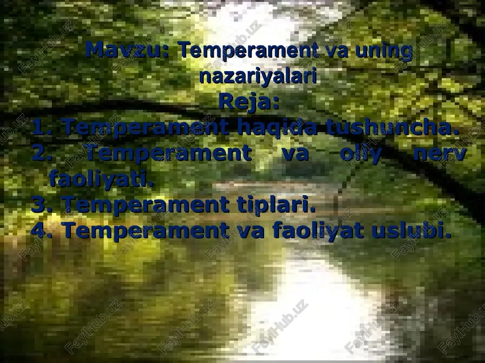 rning nisbatiga bog`liq deb hisoblanar edi. bularning aralashmasi temperamentdir. sangvinik kuchli, muvozanatli, epchil tip. serharakat tip. sangvinik xolerik. kuchli lekin muvozanatsiz, ya`ni qo`zg`alish tormozlanishdan ustun chiqadigan qizg`in, jushqin tip. flegmatik. kuchli, muvozanatli, inert (sustkash) tip. og`ir, vazmin tip. melanxolik. kuchsiz tip. kishilarning temperamenti tiplarini aniqlash va baholashda quyidagi xususiyatlar hisobga olinadi: senzitivlik kuchli lekin muvozanatsiz, ya`ni qo`zg`alish tormozlanishdan ustun chiqadigan qizg`in, jushqin tip. reaktivlik. kishiga turli ichki va tashqi qo`zg`atuvchilar ta`sir qiladi. aytaylik ichki va tashqi qo`zg`atuvchilar ta`sir kuchi bir xil bo`lganda qanday emosional reaktsiya nomoyon qilishi baholanadi. reaktivlik -emosionallik va ta`sirlanuvchanlikdir. aktivlik. turli faoliyatni bajarishda, to`siqlarni engib o`tishda qanday faollik ko`rsatishi baholanadi. reaktivlik va aktivlikning o`zaro munosabati. bu ikkalaa xususiyatdan qaysi biri ustunligi. reaktsiya tempi. turli psixik reaktsiyalar va jarayonlarning o`tish tezligi. (nutq tempi, fikr yuritish tezligi, harakatlari tezligi va h.k.) ekstrovertlik va introvertlik. xaraktlarning egiluvchanligi (moslashuvchanligi) va unga qarama-qarshi xususiyat rigidligi (qotib qolganligi). ekstrovertlik va introvertlik. ekstrovertlik kishinig …