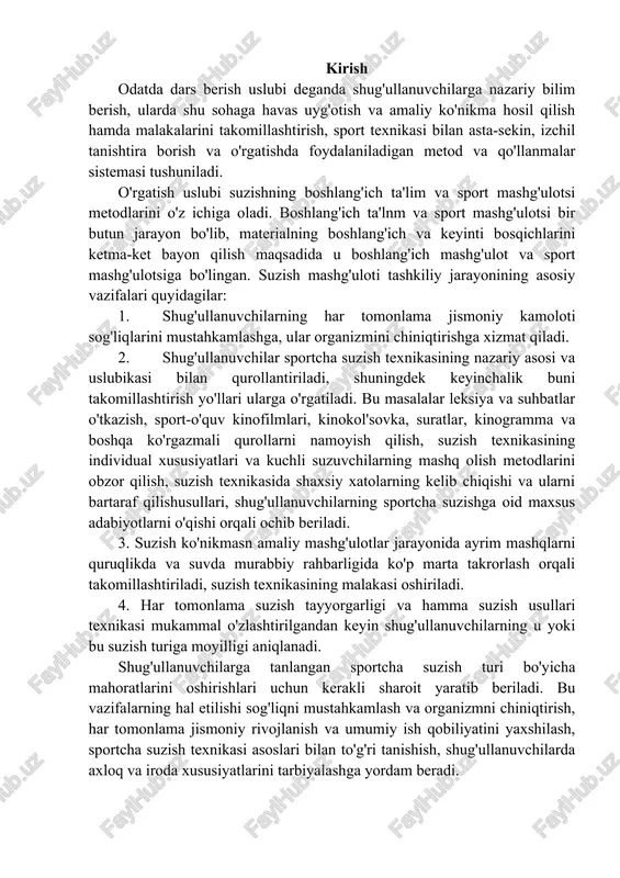 mma suzish usullari texnikasi mukammal o'zlashtirilgandan keyin shug'ullanuvchilarning u yoki bu suzish turiga moyilligi aniqlanadi. shug'ullanuvchilarga tanlangan sportcha suzish turi bo'yicha mahoratlarini oshirishlari uchun kerakli sharoit yaratib beriladi. bu vazifalarning hal etilishi sog'liqni mustahkamlash va organizmni chiniqtirish, har tomonlama jismoniy rivojlanish va umumiy ish qobiliyatini yaxshilash, sportcha suzish texnikasi asoslari bilan to'g'ri tanishish, shug'ullanuvchilarda axloq va iroda xususiyatlarini tarbiyalashga yordam beradi. sportda yuqori natijalarga erishish maqsadida tanlangan suzish turi bo'yicha sport mahorati muntazam oshirib boriladi. bu masalalar rejali, ko'p yillik mashg'ulotlar asosida umumiy va jismoniy tayyorgarlik saviyasini oshirish yo'li bilan hozirgi zamon sport texnikasi va taktikasining ilg'or yutuqlarini qo'llash, suzuvchilarda axloqiy va irodalilik xususiyatlarini tarbiyalash orqali hal etiladi. suzishga o'rgatishning boshlang'ich uslubiyasi jismoniy tarbiyaning umumiy vazifalariga bo'ysundirilgan bo'lib, u dialektik materializm, sovet pedagogikasi didaktik prinsiplari va harakatning ko'nikma hamda malakalarini takomillashtirish asosida qo'llaniladi. butun jarayon-suzishga o'rgatish va uni mukammal bilish jismoniy tarbiyaning asosiy maqsadi har tomonlama kamolotga erishgan, sog'lom, jasur, …