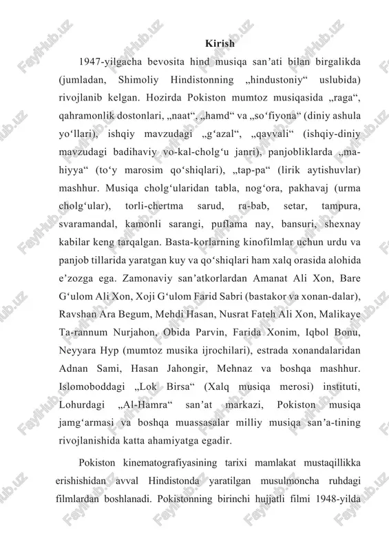 rejissor x.tariq), „tuygʻu“ (rejissor n.salom) kabi filmlar yaratildi. 90-yillarning oʻrtalarida yiliga 200 tagacha hujjatli film ishlab chiqarildi. pokistonning oʻnlab filmlari xalqaro mukofotlar olgan („hind daryosi“, „lohur shahri“, „bir akr yer“ va boshqalar). pokistonda 10 dan ortiq kinostudiya mavjud. yiliga urdu, panjobiy, sindhiy, pushtu, gujaratiy va siraykiy tillarida 90—120 film ishlab chiqariladi. mamlakatda 800 dan ortiq kinoteatr bor. taniqli rejissorlar — n. islom. p. malik. x. askariy. yu. malik; taniqli aktyor va aktrisalar — badari munir, babra sharif, shabnam, nadim, m.qurayshiy. pokiston turli xalqaro, shu jumladan, toshkentda oʻtkazilgan xalqaro kinofestivallarda qatnashgan. pokiston islom respublikasi. gtoytaxti - islomobod. davlat tili - urdu va ingliz. dini - islom. pokiston turtta voxa (provinsiya)ga egadir: panjob, sind, subaye sarxad (shimoliy- garbiy chegara viloyati) va belujiston. mamlakagning axrlisi 150 mln.dan oshadi. asosan, panjobilar, sindlar, pushtunlar, belujilar, braguilar, kashmirilar va boshka millat vakillari istinu mat qiladilar. pokiston musika madaniyati juda xam kadimiydir. mamlakagning musikasi betakror bulib, bu …