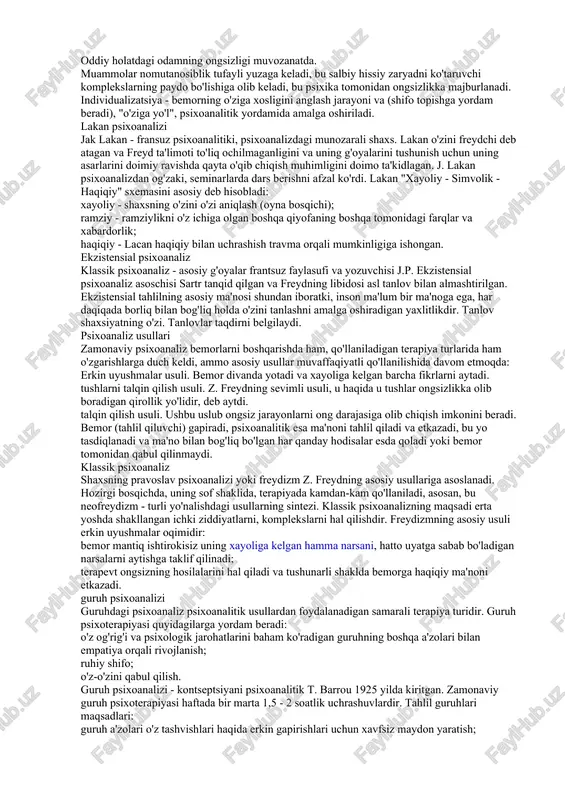 psixoterapevt yordami bilan bemorni ongsiz material ta'siridan xalos qiladi va tiklanishiga olib keladi. freydning psixoanalizi bemorlarini ko'p yillik kuzatish natijasida z.freyd bostirilgan ongsizlik insonning ruhiy holati va xatti-harakatlariga qanday ta'sir qilishini ta'kidladi. freyd 1932 yilda psixikaning sxematik tuzilishini ishlab chiqdi va unda quyidagi tarkibiy qismlarni ajratib ko'rsatdi: id (bu) hayot va o'limga behush harakatlarning maydoni. ego (i) - ongli fikrlash, himoya mexanizmlarini rivojlantirish). superego (super-i) - bu o'z-o'zini kuzatish sohasi, axloqiy tsenzura (ota-ona qadriyat tizimini kiritish). freydning psixoanaliz usullari dastlabki bosqich ongsiz mexanizmlarni ochish uchun gipnozdan foydalanishlari kerak edi, keyinchalik psixiatr ulardan voz kechdi va zamonaviy psixoanalizda muvaffaqiyatli qo'llaniladigan boshqalarni ishlab chiqdi: bemorning erkin uyushmalari orqali xulq-atvor motivlarini o'rganish; talqin qilish; "qarshilik" va "o'tkazish" tahlili; o'rganish. jungning psixoanalizi jung psixoanalizi yoki analitik psixologiya k.g. yung (z. freydning sevimli shogirdi, u bilan psixoanalizga qarashlar tufayli og'riqli tanaffus bo'lgan) quyidagi tamoyillarga asoslanadi: oddiy holatdagi odamning ongsizligi muvozanatda. muammolar nomutanosiblik tufayli yuzaga keladi, …