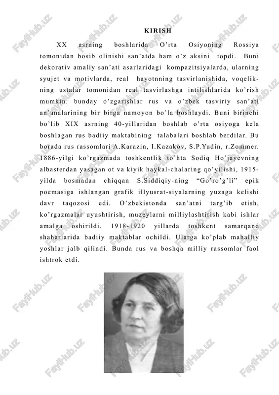 somni o’ziga mahliyo etdi. o’zbekistonda o’z ijodiy izlanishlari uchun katta imkoniyatlar borligini his qilgan rassom o’qishni bitirgach, butunlay o’zbekistonga ko’chib keldi va o’zining sermahsul ijodini boshladi, yosh rassomlarga murabbiylik qildi. uning ilk ijodi asosan samarqandga bag’ishlangan. gavjum ko’chalar, noz –ne’matga boy bozorlar, choyxonalar rassomning ko’pgina asarlarning mazmunini tashkil etdi. i.bob: xix asr oxiri xx asr boshlarida o’zbekistondagi san’at rivoji. 1.1. kashina nadejda vasilyevnaning hayot yo’li. 1920-yillar oxirida 1930 - yillar boshida n. v. kashina amsterdam, nyu-york (1929), vena, berlin, (1930), filadelfiya (1934) sovet ko'rgazmalarida eksponent bo'lgan, uning ba'zi ishlari chet elda qolgan. 1928, 1929 yillarda xalq so'rov komissiyasi (nkp) dan o'zbekistonga xizmat safarlariga borgan. sharq bilan tanishish natijasida g'arbiy yevropa ekspressionizmi va primitivizm ta'siri sezilarli bo'lgan bir qator ishlar amalga oshiriladi. ushbu ishlar 1929 yilda moskvada "rost" va "o'n uch" badiiy birlashmalarining ko'rgazmalarida namoyish etilgan, juda ma'qullangan va ko'rgazmalarda sensatsiyaga aylangan. nufuzli san'atshunos a. m. efrosning so'zlariga ko'ra: "... bizning …