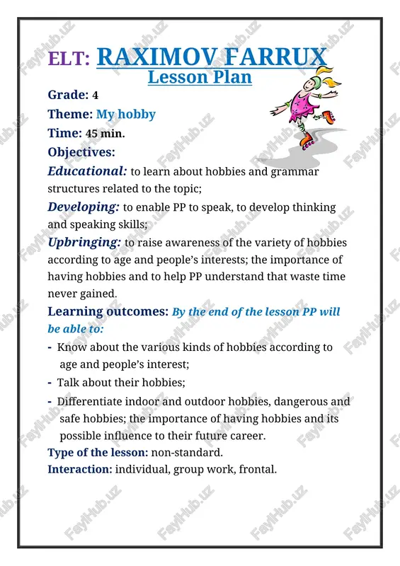 n the 2nd one ? activity 2. teacher gives the structure to make up sentences putting the appropriate form of the possessive pronouns both on the screen and the bb in order to check pps’ comprehension: this is ... book. the book is ... . pp make up sentences one by one. while – stage activity 1. introduction to the theme: asking general questions. t: now my dears, do you know what hobby is? what can you say about it? first ask weaker pp to express their opinion even if they speak in l1. after ask the definition of the word “hobby” in english. possible answers: -hobby is what we like to do in our free time; -hobby is our favourite occupation; -spending time meaningfully, etc. demonstrating the ppt prepared by the t on the new theme. activity 2a. telling brief information moving down the slides. hobbies related to music, …