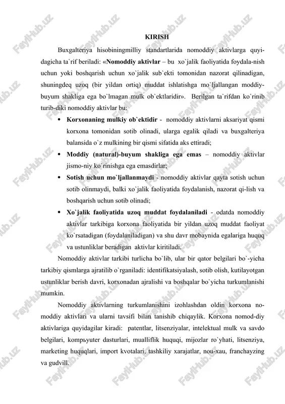 ozlar ro`yhati, litsenziya, marketing huquqlari, import kvotalari, tashkiliy xarajatlar, nou-xau, franchayzing va gudvill. nomoddiy aktivlarning mohiyati va turlari. patent — huquqiy tan olingan va ro`yxatdan o`tkazilgan mutlaq huquq. patent huquqi o`zining egasiga patentga taalluqli bo`lgan buyumni, jarayonni yoki faoliyatni foydalanish, ishlab chiqarish, sotish va nazorat qilish huquqini beradi. bunda chetdan boshqa shaxslar bevosita aralasha olmaydi. patent huquqi kashfiyotning tarkibini himoya qiladi va u belgilangan tartibda ro`yxatga olingan bo`lishi kerak. patent huquqi bilan himoyalanadigan ob`ektlarni ishlatishning asosiy ko`rinishi - bu huquqni litsenziya shartnomasi asosida berish va ob`ektni korxona ustav kapitaliga ulush sifatida qo`shishdir. yer va tabiiy resurslardan foydalanish huquqi - yer maydonlari, tabiiy resurslarni qazib olish maydonlari va ushbu maydonlar haqidagi geologik va boshqa axborotlarga egalik qilish huquqidir. 1-chizma. nomoddiy aktivlarni turkumlanishi "nou-xau" - texnik tashkil qilish, hizmat ko`rsatish va tijorat xususiyatiga ega axborot bo`lib, u boshqa shaxslarga noma`lumligi sababli, haqiqiy yoki poten-tsial tijorat qiymatiga ega bo`ladi. qonuniy asoslarga ko`ra, axborotlarga …