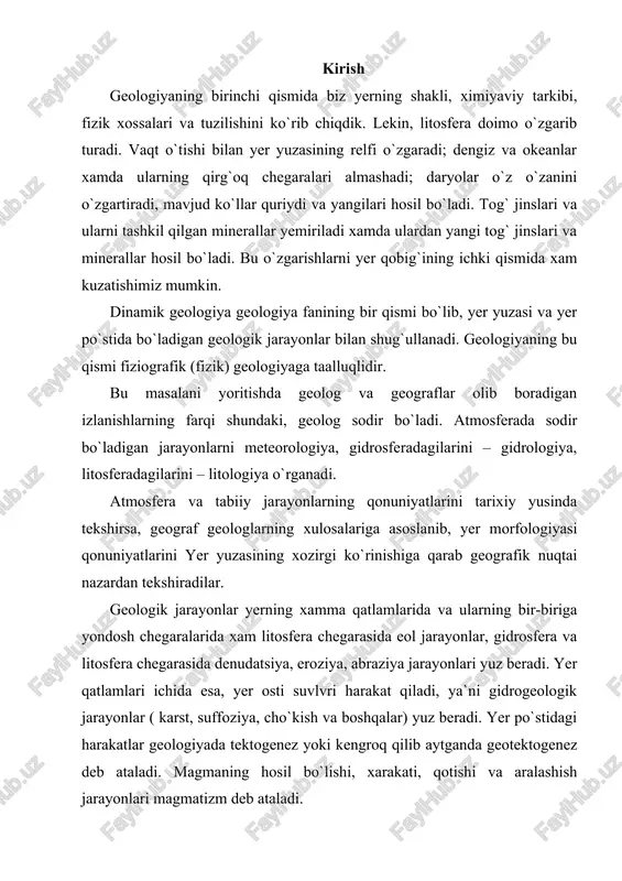 asida denudatsiya, eroziya, abraziya jarayonlari yuz beradi. yer qatlamlari ichida esa, yer osti suvlvri harakat qiladi, ya`ni gidrogeologik jarayonlar ( karst, suffoziya, cho`kish va boshqalar) yuz beradi. yer po`stidagi harakatlar geologiyada tektogenez yoki kengroq qilib aytganda geotektogenez deb ataladi. magmaning hosil bo`lishi, xarakati, qotishi va aralashish jarayonlari magmatizm deb ataladi. i.bob. shamol ta`sirida sodir bo`ladugan jarayonlar. 1.1. oqar suvlarining geologik ishi mohiyati. geologik jarayonlar haqida so`z yuritganimizda eng avvalo ekzogen geologik jarayonlar haqida to`xtalamiz. ekzogen jarayonlar deyilganda yer yuzasida ya`ni atmosfera bilan litosfera chegarasida boradigan jarayonlar tushiniladi. issiqlik almashinuvi. atmosferaning yer yuzasiga ta`sirida eng avvalo issiqlik almashinuvi kuzatiladi. atmosfera quyosh radiatsiyasini 15% atrofida, yer yuzasi esa 43 % iga yakinini uziga yutadi. shu sababli yer yuzasining kunduzi va kechasi keskin temperaturasini o`zgarib ketishidan atmosfera saqlab turadi. atmosfera doimiy harakatda va bu xarakati juda sekin xarakatlanadigan yer qobig`ining rivojlanishida juda katta axamiyat kashf etadi. suv parlari (bulutlar) ning keltirilishi va yerdagi …