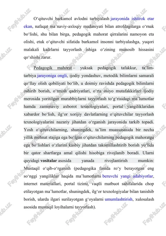 olda tashkil etilib, vaqt va iqtisodiy nuqtai nazardan samarali sanaladi. tajribali o‘qituvchilar faoliyatini o‘rganish, ular tomonidan tashkil etilayotgan mashg‘ulotlarni kuzatish, tahlil qilish asosida amalga oshiriladi. bu borada olingan taassurotlarni umumlashtirish asosida xulosa chiqarish maqsadga muvofiqdir). o‘qituvchi xodimlarni qayta tayyorlash va malakasini oshirish kurslari va institutlarida kasbiy malaka va ko‘nikmalarni oshirib borish. doimiy ravishda ilmiy anjumanlar (nazariy va amaliy konferensiya hamda seminarlar, pedagogik o‘qish hamda treninglar) da faol ishtirok etish. respublika hamda rivojlangan xorijiy mamlakatlarning etakchi ta’lim muassasalarida o‘z tajribalarini oshirish, kasbi bo‘yicha eng so‘nggi ma’lumotlarni o‘rganish. pedagogik mahoratni egallashda guruhli va ommaviy tadbirlarda ishtirok etish ijobiy natijalar beradi. binobarin, bunday muhitda o‘zaro fikr almashish, shaxsiy mulohazalarni boshqalar tomonidan bildirilayotgan qarashlar bilan taqqoslab, ularning to‘g‘riligi, haqqoniyligiga ishonch hosil qilish, mavjud bilimlarni yanada boyitish, xato yoki kamchiliklarni o‘z vaqtida aniqlash hamda ularni bartaraf etish yo‘llarini topish imkoniyati mavjud. pedagogik mahoratga ega bo‘lish ta’lim-tarbiya samaradorligini ta’minlash garovi bo‘libgina qolmay, ayni vaqtda o‘qituvchilarning jamoada, …