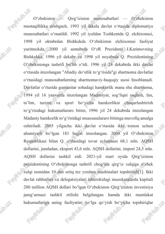 hujjat imzolandi[. ikki mamlakat oʻrtasida 2020-yil yakuni boʻyicha savdo aylanmasi 903,1 million dollarni tashkil etgan. shundan eksport hajmi 756,6 million dollar, import hajmi 146,5 million dollarni tashkil etgan. 2021-yil 1-yanvar holatiga koʻra, oʻzbekistonda qirgʻiz kapitali ishtirokida 183 korxona faoliyat yuritadi: 104 tasi qoʻshma korxona, 79 tasi 100 foiz xorijiy kapital ishtirokidagi korxonalar hisoblanadi[4]. harbiy hamkorlik sadir japarovning oʻzbekistonga davlat tashrifi hisobotlarida oʻzbekiston qirgʻiziston mudofaa vazirligiga bitta vertolyot sovgʻa qilishi keltirib oʻtiligan. mudofaa vazirligi orqali oʻzbek tomoni qirgʻizistonga bitta vertolyotni bepul taqdim etadi va yana bittasini tiklab berishga tayyor. biroq aynan qaysi vertolyot ekani aniq emas. shuningdek, harbiy yoʻnalishda xodimlar tayyorlash masalasi, xususan, qurol-yarogʻ yoʻnalishi, uchuvchilar va aloqachilar tayyorlash masalalari ham koʻrib chiqilgan[5]. chegaralarni delimitatsiya va demarkatsiya qilish qirgʻiziston oʻzbekistonda joylashgan anklav hudud — soʻx bilan aviaqatnovlar va transport qatnovlarini yoʻlga qoʻyishga, oʻzbekiston esa shu paytgacha „chegara hududlar aholisi oʻrtasida tortishuvlar va siyosiy ziddiyatlarga sabab boʻlib kelgan“ unkar-too hududini berish tayyor …