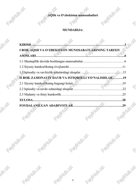 amkorlik muloqoti” va “s5+1” formatlari doirasida muzokaralarni izchil davom ettirish, shuningdek, aqsh prezidenti maʼmuriyati, davlat departamenti va kongress palatalari vakillarining oʻzbekistonga tashriflarini tashkil etish vazifalari belgilangan. prezidentning 2025-yil 28-avgustdagi chiqishida ham aqsh bilan oʻzaro manfaatli hamkorlikni kengaytirish masalalari alohida taʼkidlangan. uchrashuvda ikki mamlakat oʻrtasidagi strategik sheriklik va koʻp qirrali hamkorlik munosabatlarini yanada kengaytirish masalalari atroflicha koʻrib chiqildi. xavfsizlik 1 o‘zbekiston respublikasi prezidenti shavkat mirziyoyevning “o‘zbekiston respublikasining tashqi siyosat strategiyasi” farmoni, 2017 yil. 4 sohasida, terrorizm, ekstremizm va noqonuniy migratsiyaga qarshi kurashish borasida samarali hamkorlik yoʻlga qoʻyilganligi qayd etilgan. shu bilan birga, prezidentning 2025-yil 9-yanvardagi chiqishida aqsh bilan xavfsizlik sohasidagi hamkorlikni kengaytirish, shuningdek, aqsh hukumati tomonidan inson huquqlari boʻyicha koʻrsatilayotgan yordamni yanada samarali tashkil etish masalalari muhokama qilingan. ushbu qarorlar va farmonlar oʻzbekistonning tashqi siyosatida aqsh bilan aloqalarni rivojlantirishga boʻlgan qatʼiyatni koʻrsatadi. mazkur ishda aqsh va oʻzbekiston oʻrtasidagi munosabatlarning tarixiy rivojlanishi, zamonaviy holati va istiqbolli yoʻnalishlari tahlil qilinadi.2 mavzu dolzarbligi shundaki, …